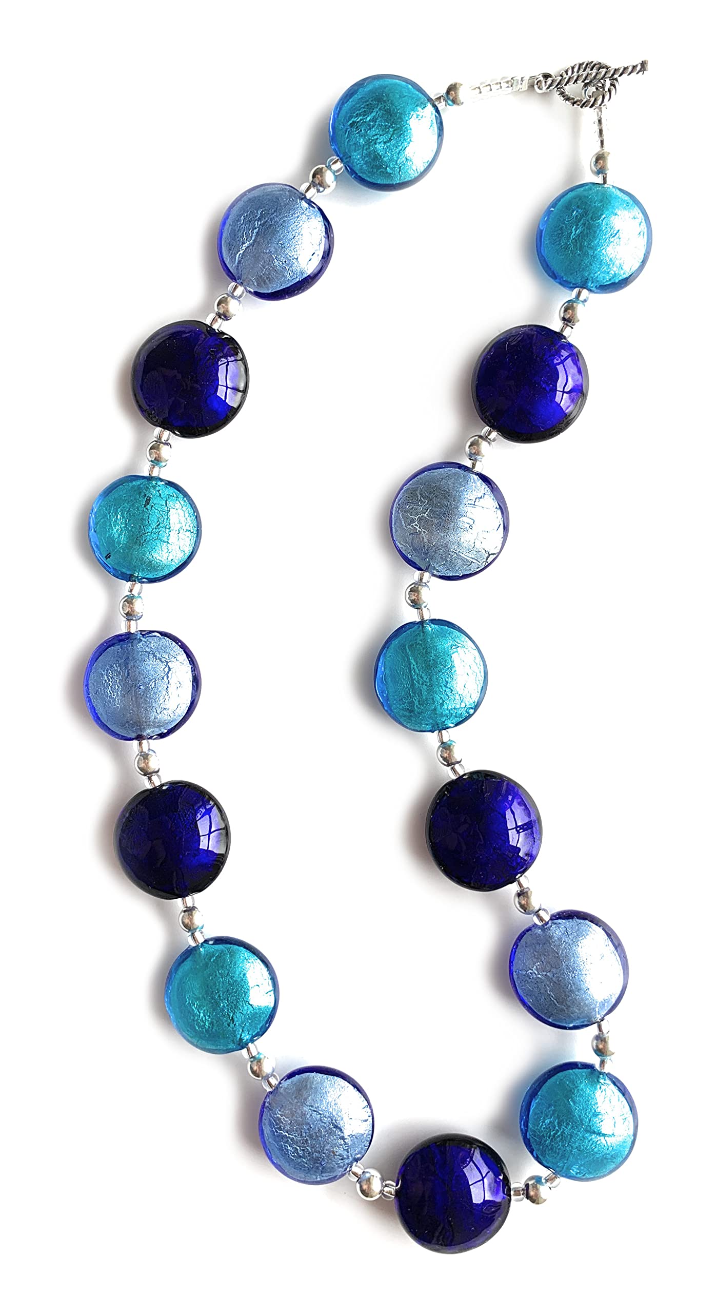 Diana Ingram Sterling Silver Necklace with Blue Murano Glass Beads - Elegant Medium Lentil Bead Design for Women, Perfect for Parties, Weddings & Everyday Wear
