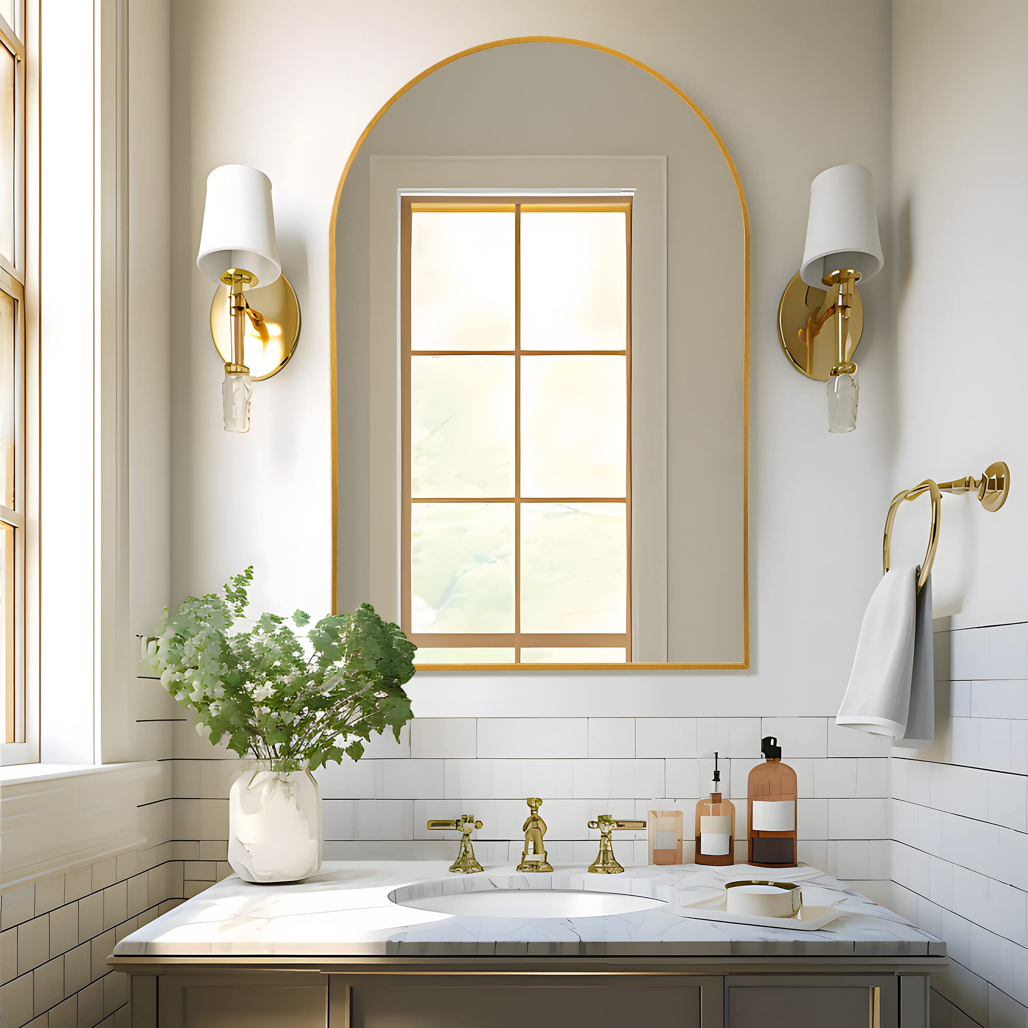 PexFix 36x24 Inch Arched Wall Mirror - Large Gold Aluminum Alloy Thin Frame Full Length Mirror for Bedroom, Bathroom & Entryway - Perfect for Vanity, Dressing Room and Home Decor