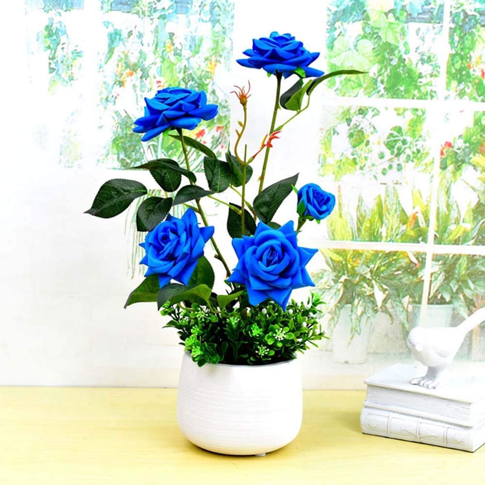 Artificial Blue Rose Flower in Pot - Fake Potted Plant for Home Decor, Office Desk, Wedding Centerpiece & Gift Idea - Realistic Simulation Floral Arrangement