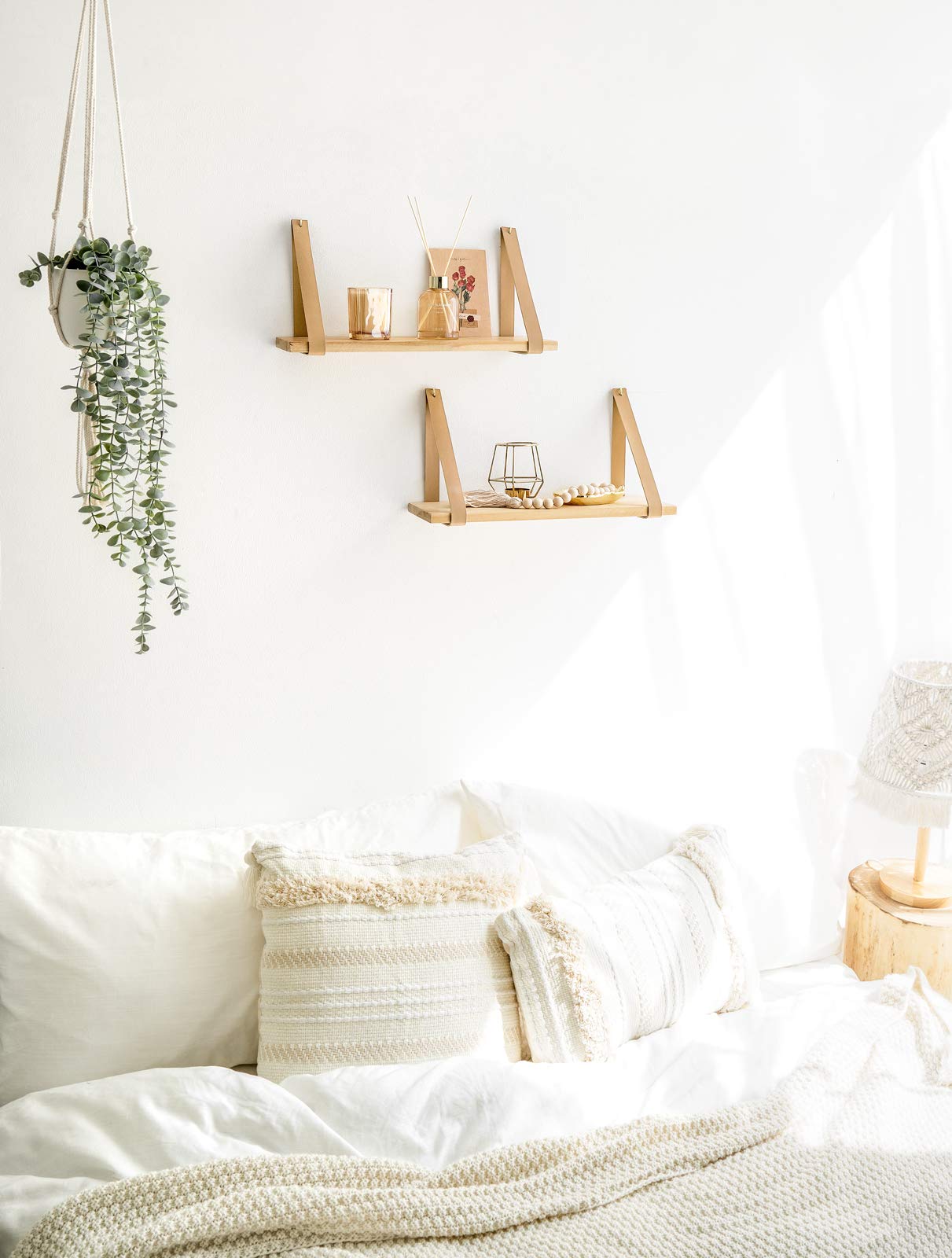 **Mkono Floating Wall Shelf Set of 2 - Wooden Hanging Storage Shelves with Leather Straps for Nursery, Bedroom, Living Room & Bathroom - Perfect for Organizing Books, Decor & Essentials**
