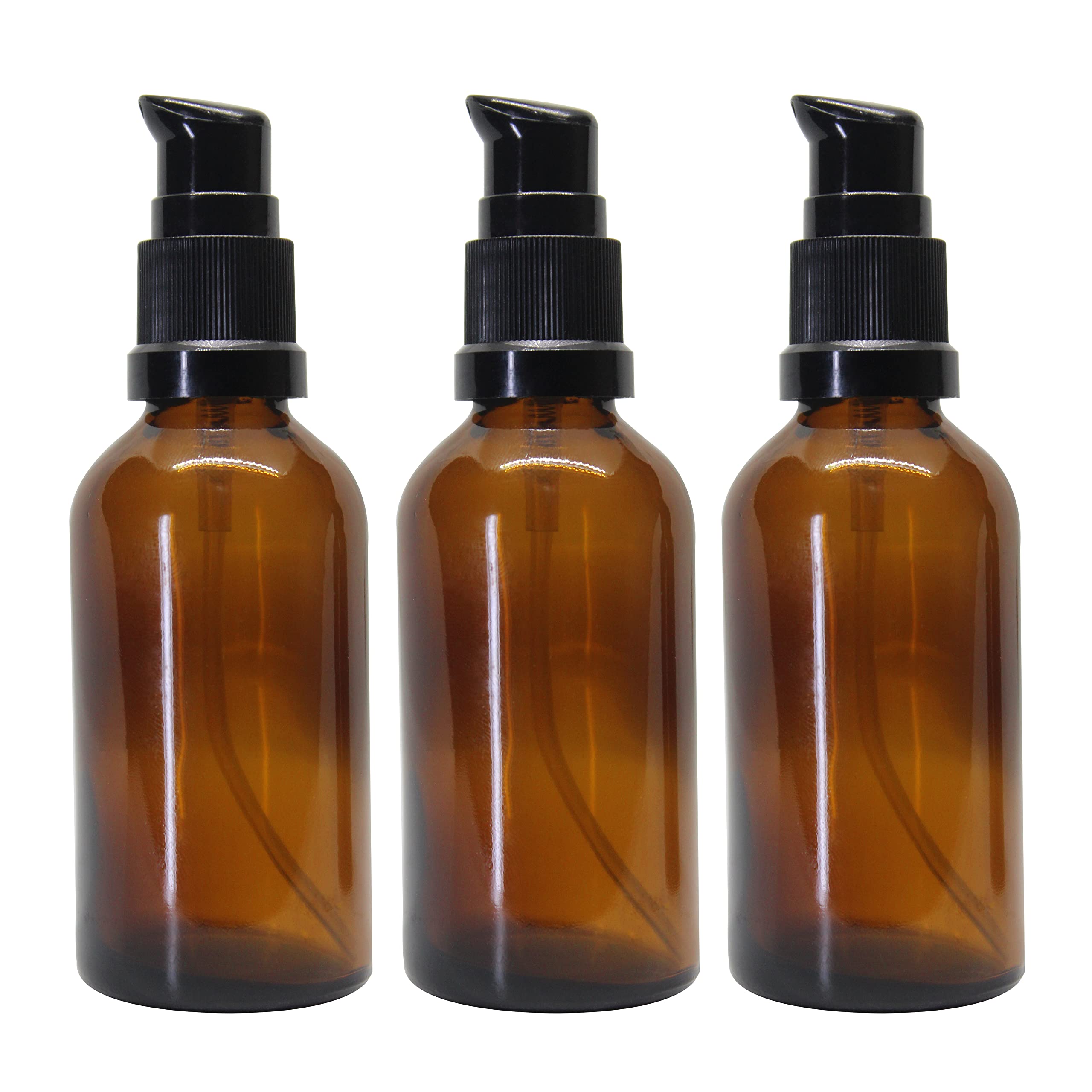 NSB Herbals 50ml Amber Round Empty Glass Bottle with Lotion Pump & Black Cap - Perfect for Essential Oils, Blends, Skin Care, Cosmetics - Ideal for DIY Beauty Products, Aromatherapy, and Travel-Sized Containers (Pack of 3)