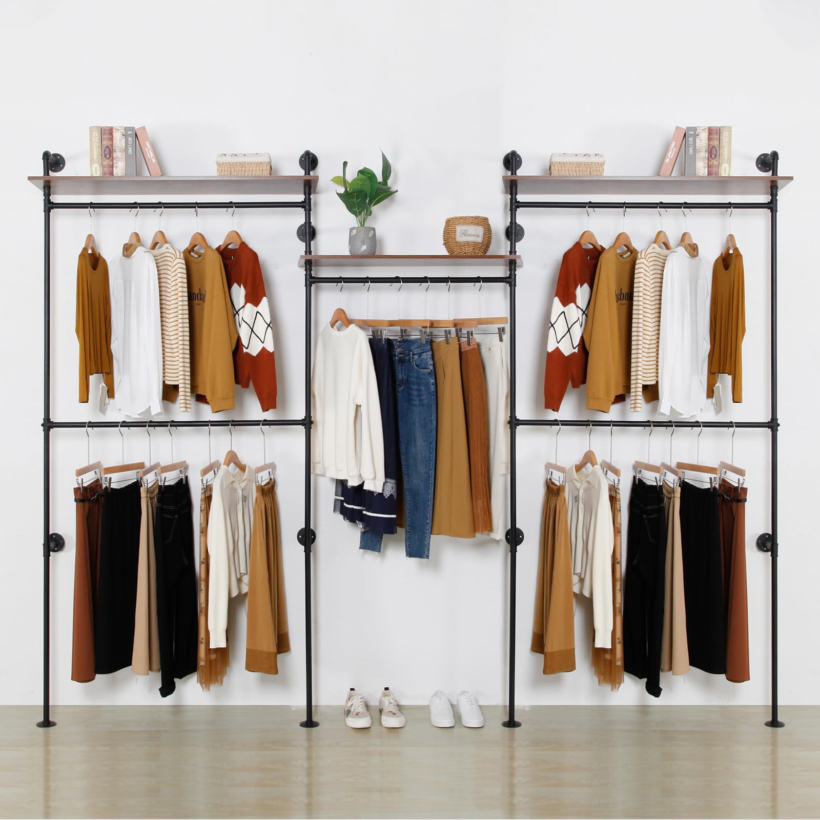 40 Inch Industrial Iron Pipe Clothing Rack - Black Vintage Wall Mounted Garment Rack with Rustic Farmhouse Shelves for DIY Home Organization | Perfect for Bedroom, Closet & Kitchen Storage