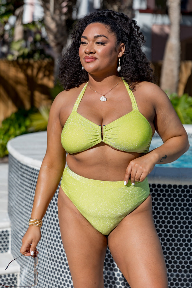 Classic Coastal Green Shimmer Bikini Bottoms - High Waisted Swimwear for Women | Beach Vacation, Pool Party & Summer Fashion