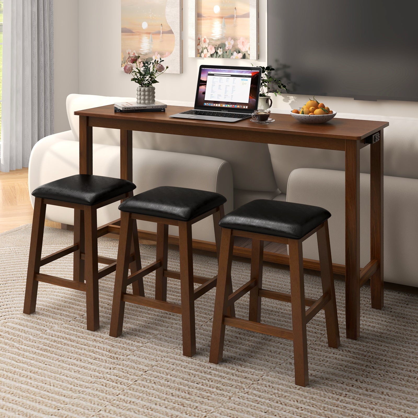 Costway 4-Piece Bar Table Set with PVC Leather Upholstered Bar Stools - Modern Counter Height Dining Set for Kitchen, Breakfast Nook & Small Spaces