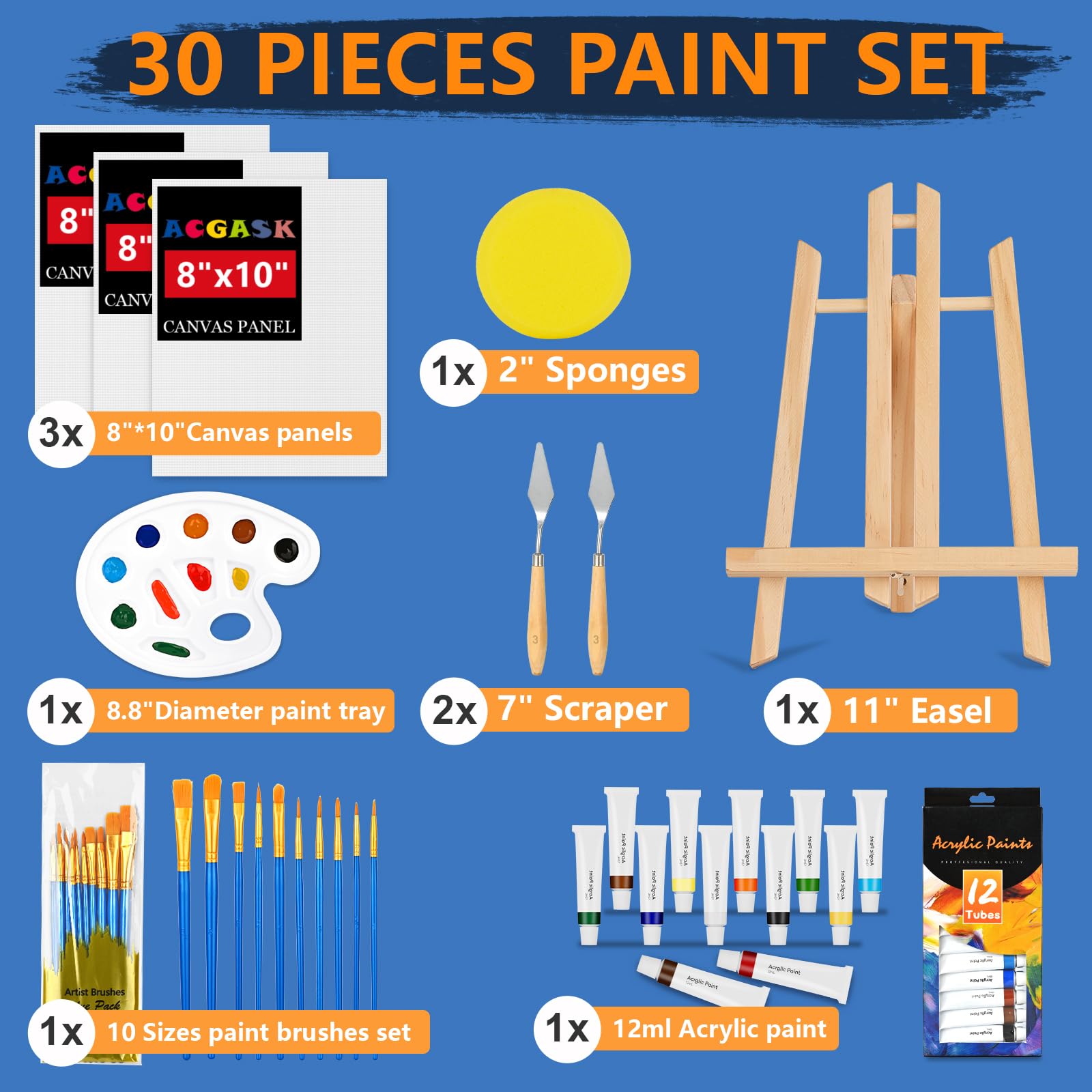 ACKASK 30-Piece Acrylic Painting Kit for Adults & Kids - Complete Art Set with 12 Paints, 10 Brushes, Canvas Easel & Palettes - Perfect for Beginners, Artists & DIY Home Decor Projects