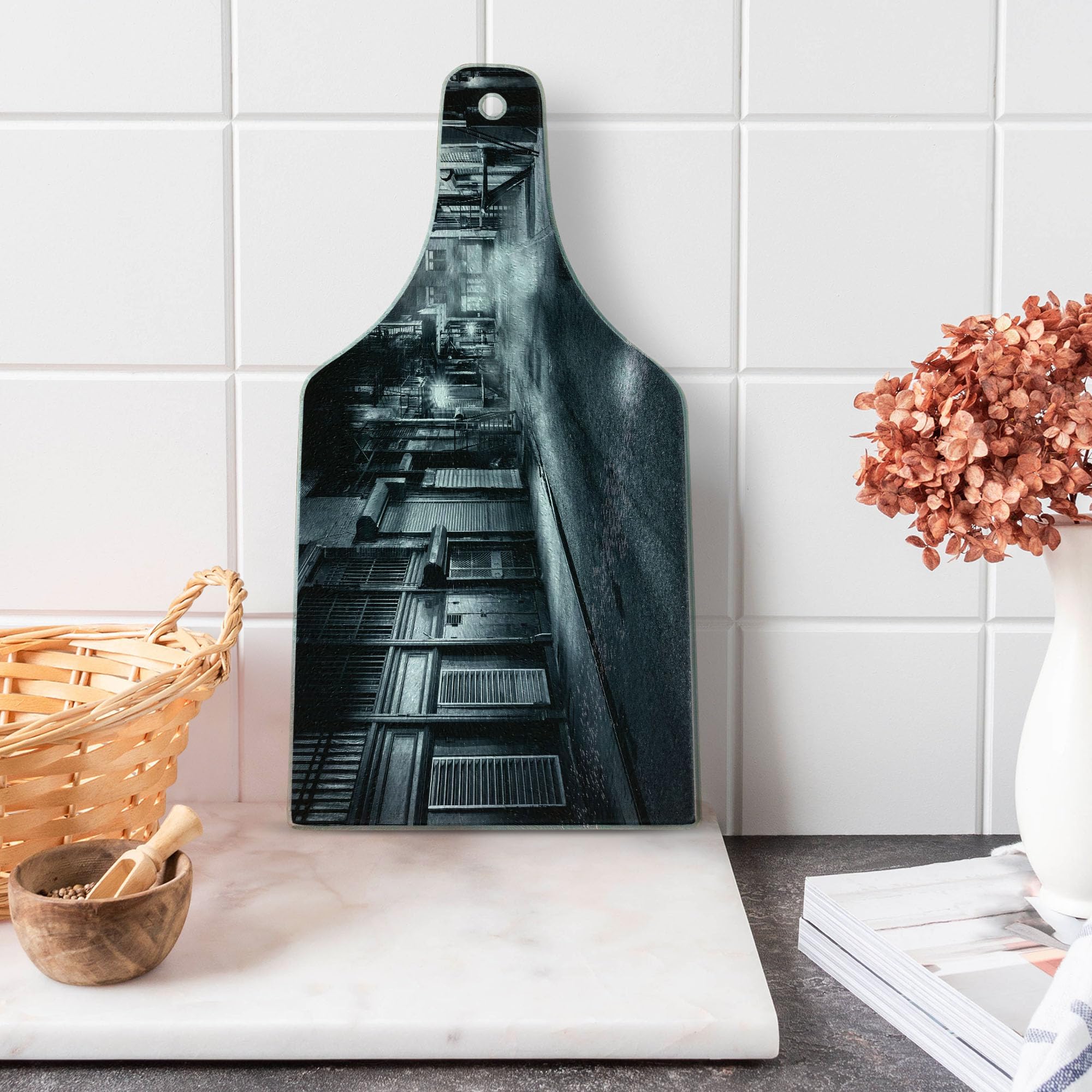 Ambesonne Black and White Wine Bottle Shaped Tempered Glass Cutting Board - Moody Monochrome Cortlandt Alley NYC Chinatown Urban Scenery - Decorative Serving Board for Cheese, Charcuterie & Wine Pairing - Perfect for Dinner Parties, Gifts & Kitchen Decor