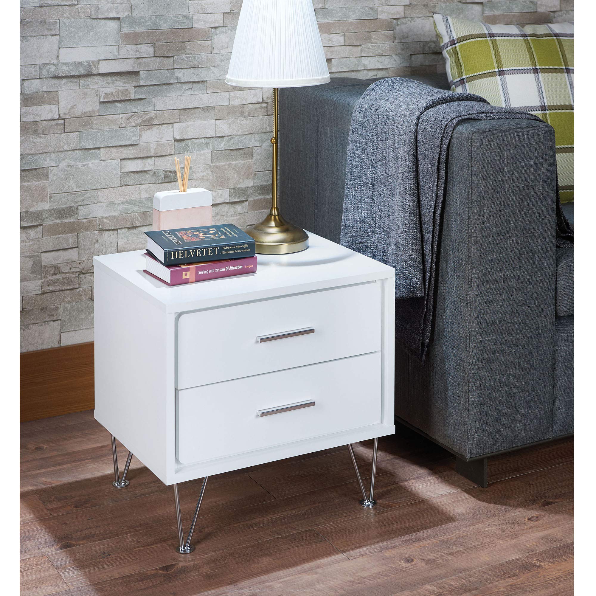 Modern Night Stand with 2 Drawers - White End Table for Bedroom, Living Room | Stylish Sofa Side Table for Home Decor, Perfect for Storing Books, Lamps & Bedroom Essentials