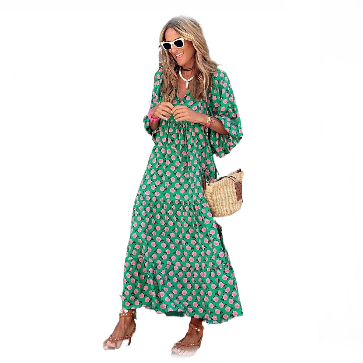 Women's Floral Maxi Dress with Puff Sleeves - Bohemian Casual Loose Long Sundress for Beach, Vacation & Summer Outfits | Perfect for Outdoor Parties, Date Nights and Tropical Getaways