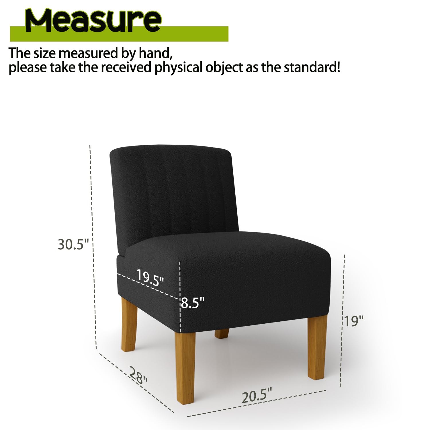 Gaussen Armless Accent Chairs for Living Room - Modern Slipper Chair with Solid Wood Legs, Upholstered Fabric Vanity Chair for Bedroom & Lounge - Perfect as Comfy Side Chair or Makeup Seat (Nero)