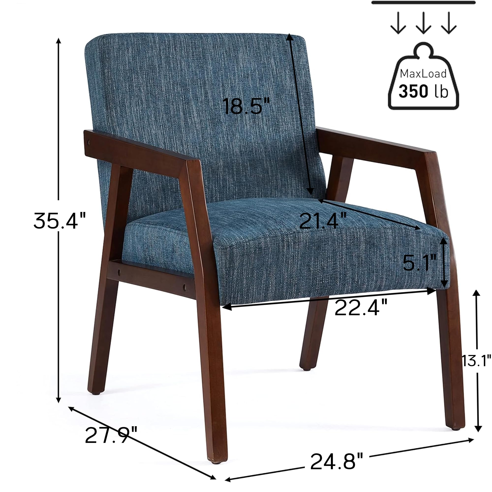 HUIMO Mid-Century Modern Wooden Accent Arm Chair - Elegant Upholstered Lounge Chair with Linen Fabric for Living Room, Bedroom & Office - Blue Reading Side Chair - Perfect for Relaxing, Reading & Home Decor