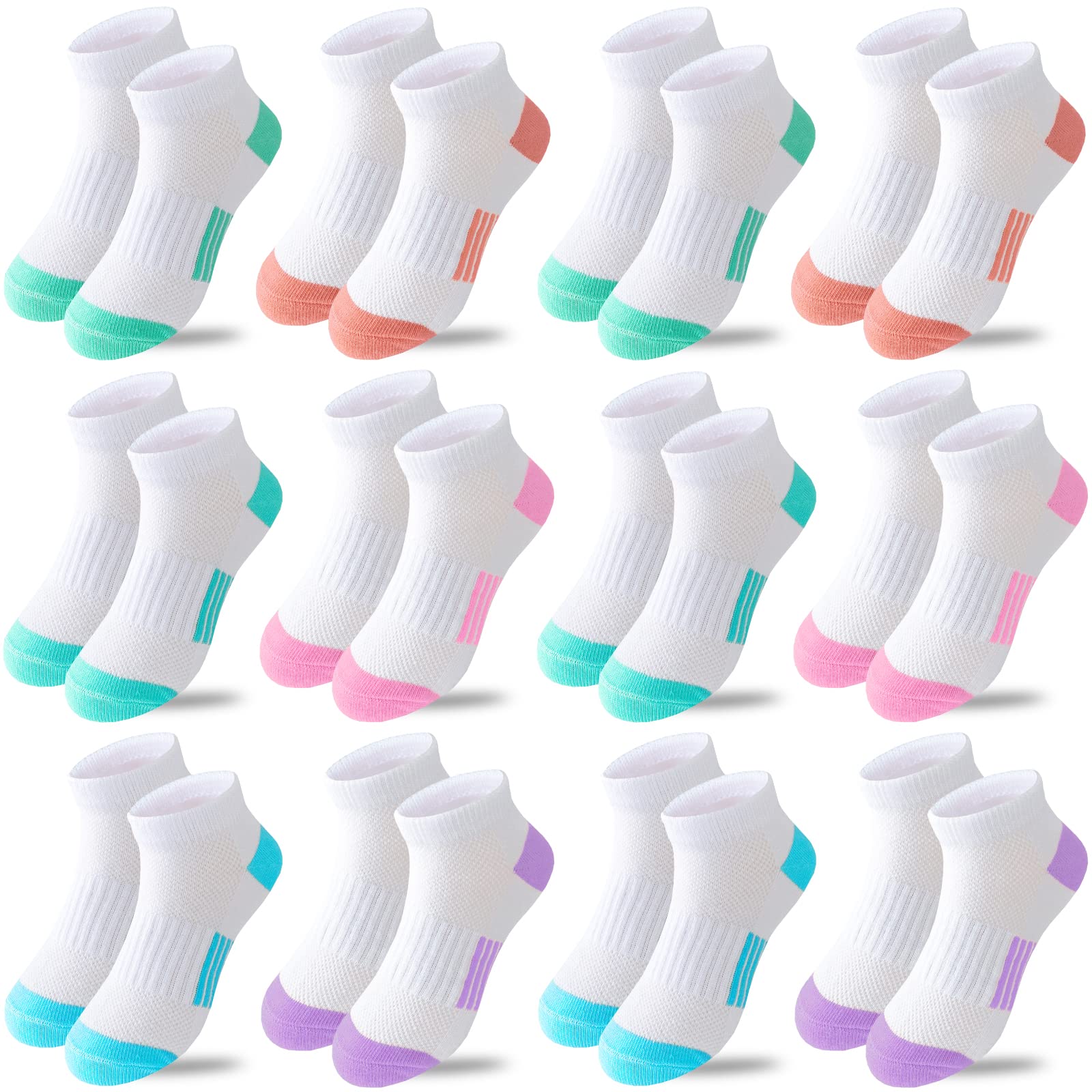 Bemeol 12 Pairs Girls Ankle Athletic Socks - Cotton Sports Socks for Kids & Teens - Perfect for School, Running, Soccer & Daily Wear