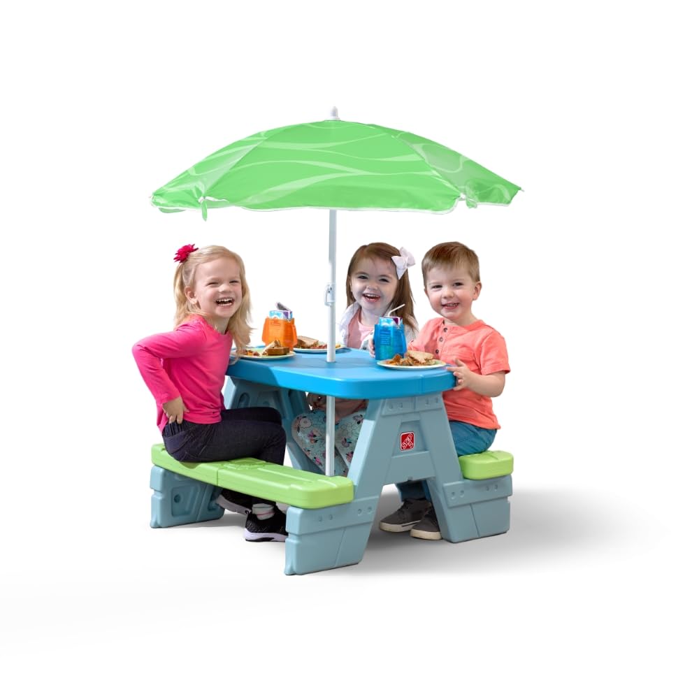 Step2 Sun & Shadel Kids Picnic Table with Removable Umbrella - Durable Plastic Indoor/Outdoor Play Table for Toddlers Ages 1.5-4 Years - Fits 4 Children - Perfect for Backyard, Patio, Playroom & Preschool Activities