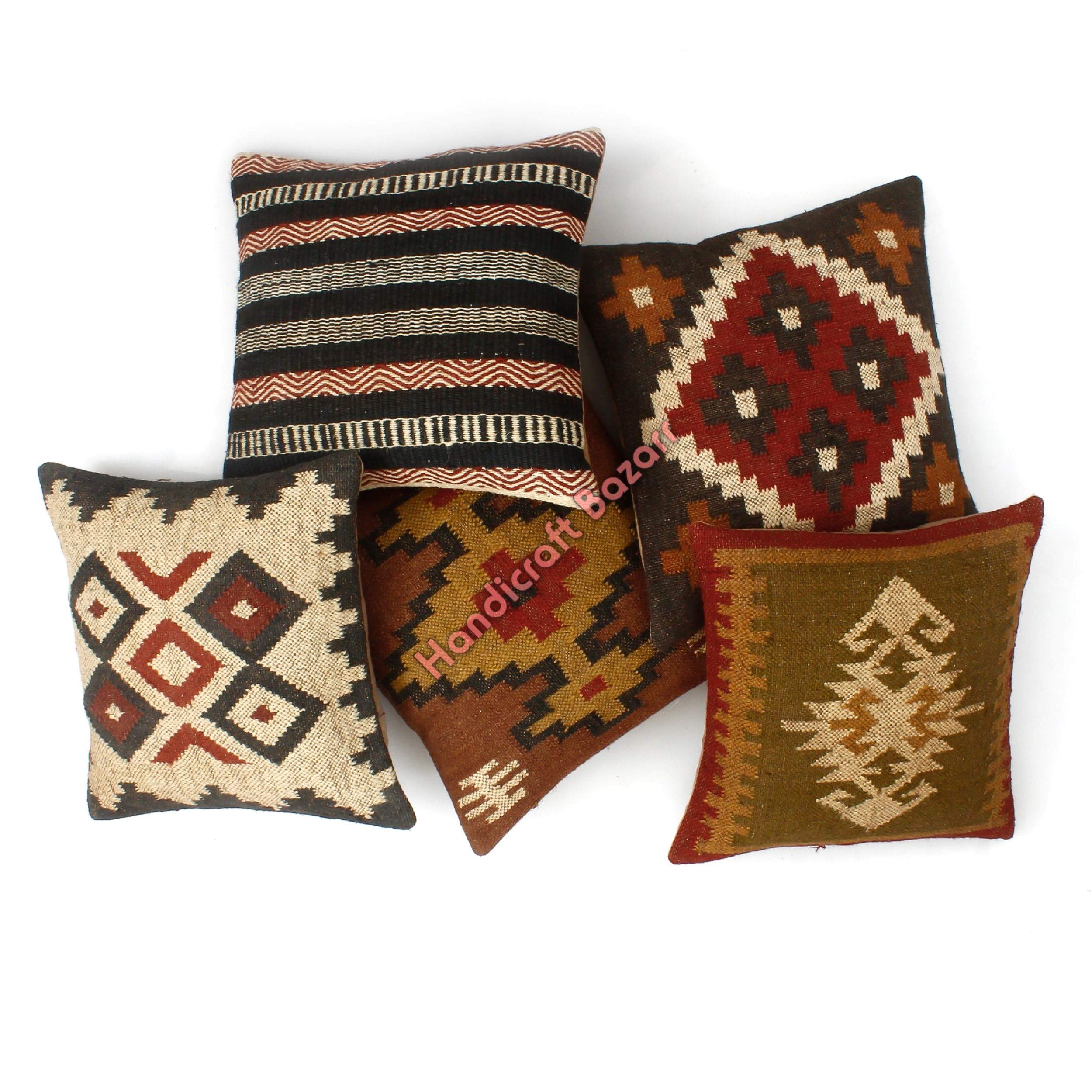 5-Piece Handmade Bohemian Vintage Kilim Pillow Covers - Wool Jute Cushion Covers for Sofa, Bed & Floor - Living Room Decor, Boho Home Accessories (Perfect for Cozy Reading Nooks & Bohemian Style Interiors)