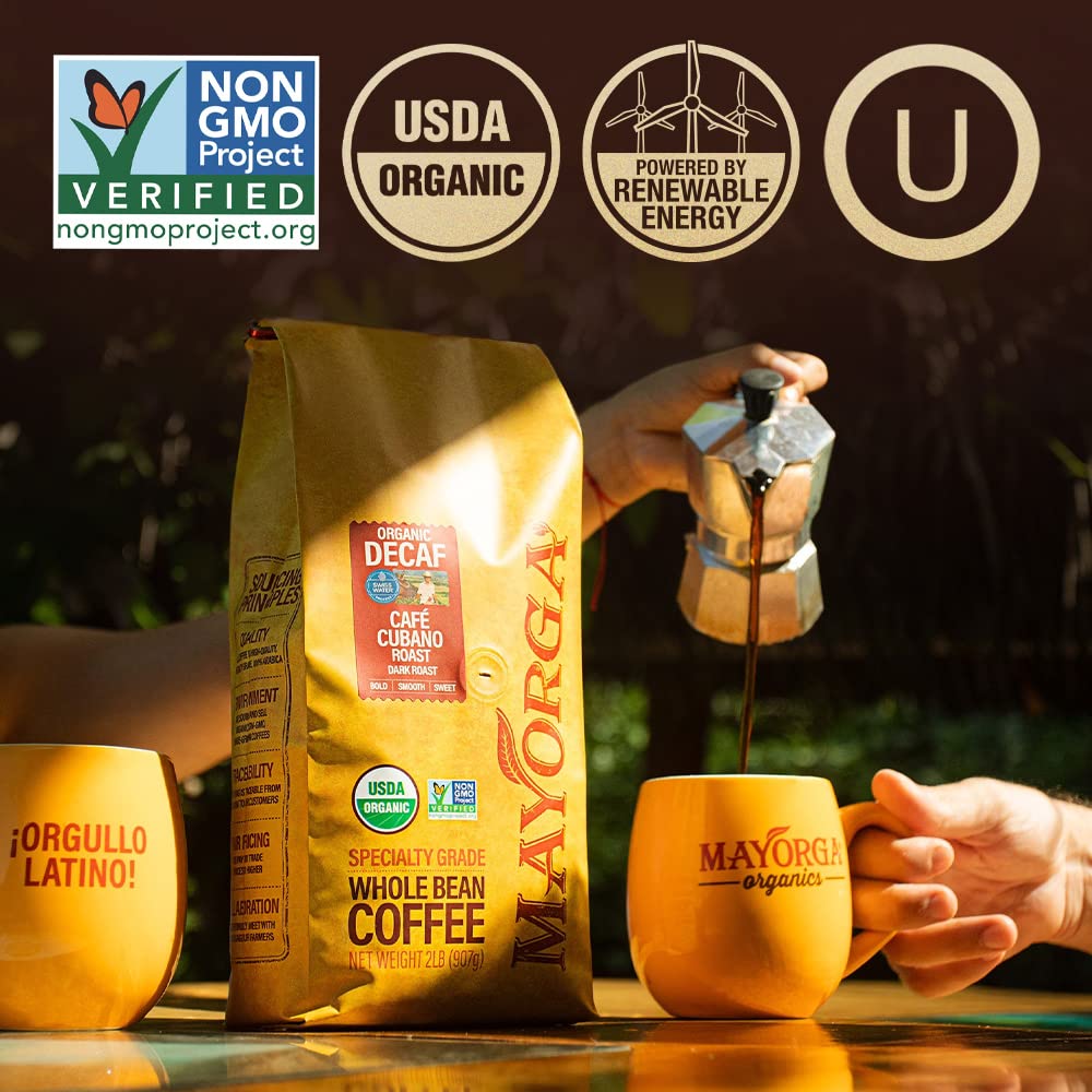 Mayorga Organic Swiss Water Decaf Dark Roast Coffee - 2lb Bag, 100% Arabica Whole Bean, Non-GMO, Specialty Grade, Direct Trade - Perfect for Home Brewing, Office Use & Gifts