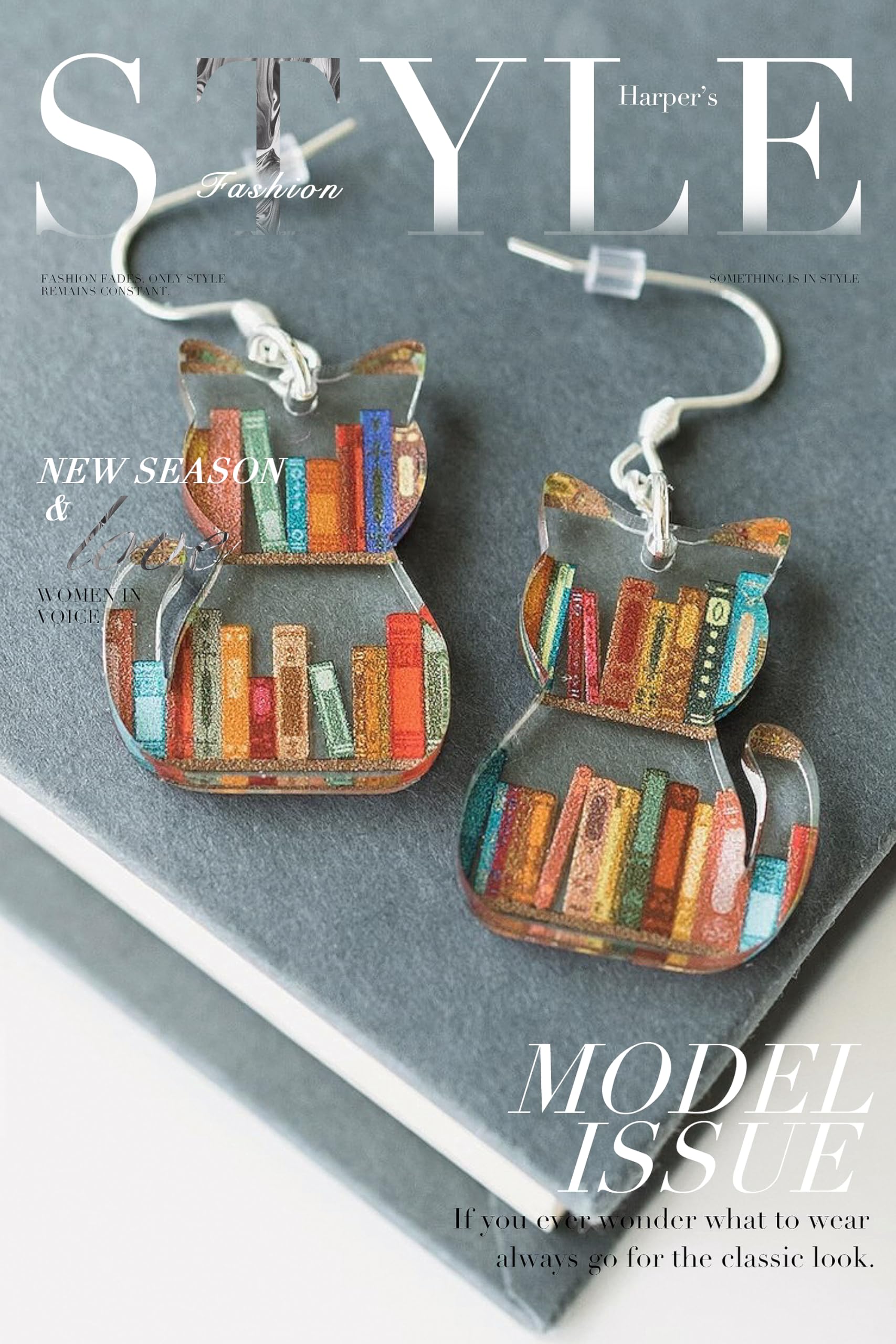 GAUEIOUR Cat Bookshelf Earrings for Women - Cute Cartoon Cat & Book Acrylic Pendant Earrings - Perfect Gift for Cat Lovers & Book Lovers - Stylish Accessory for Reading, Book Club, Library Visits & Cat-Themed Parties