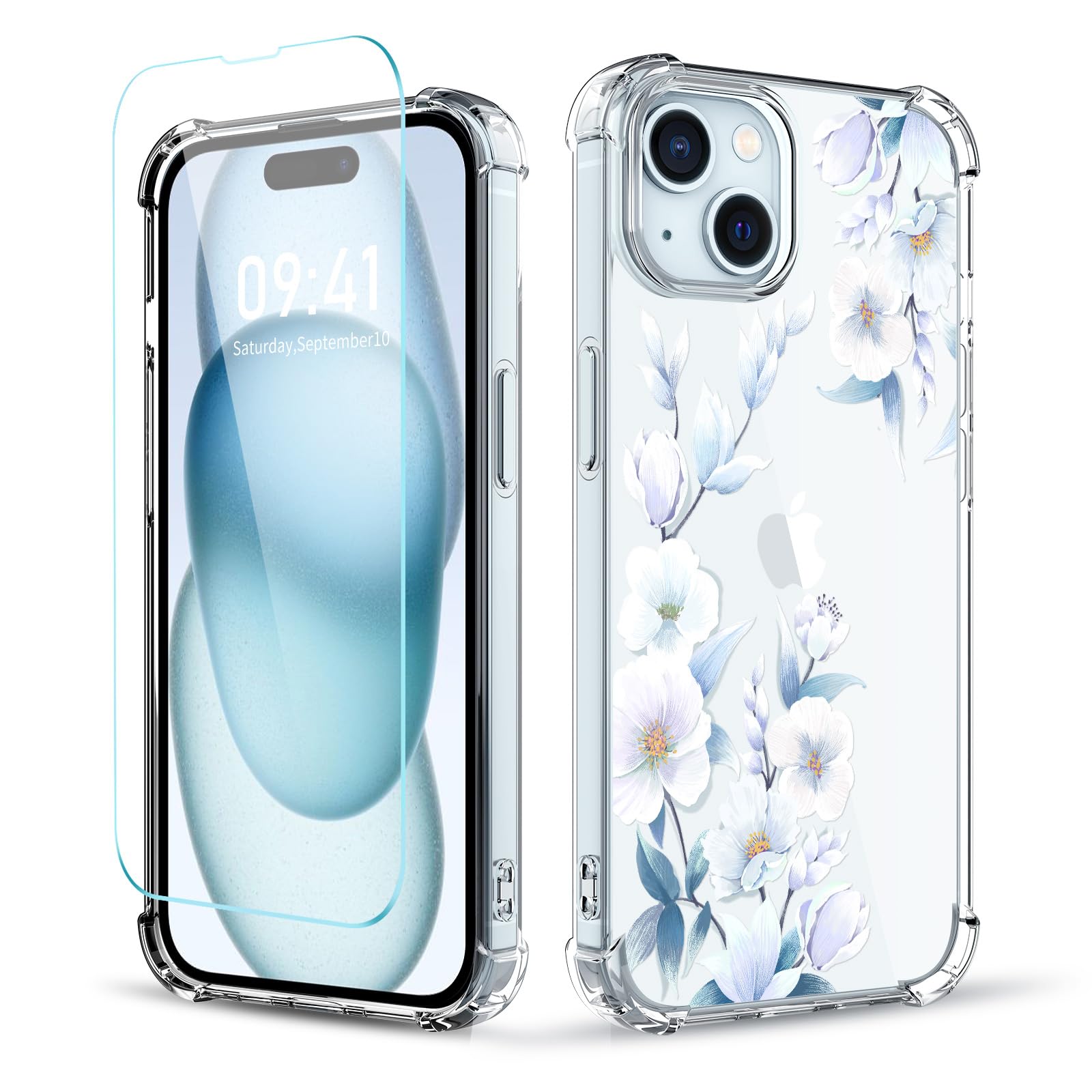 Elegant Floral Clear iPhone 15 Case with Built-in Screen Protector | Shockproof Soft Bumper Cover for Women | 6.1 Inch Protective Phone Case (2023 Model, Flower-4) | Perfect for Everyday Use, Work & Travel