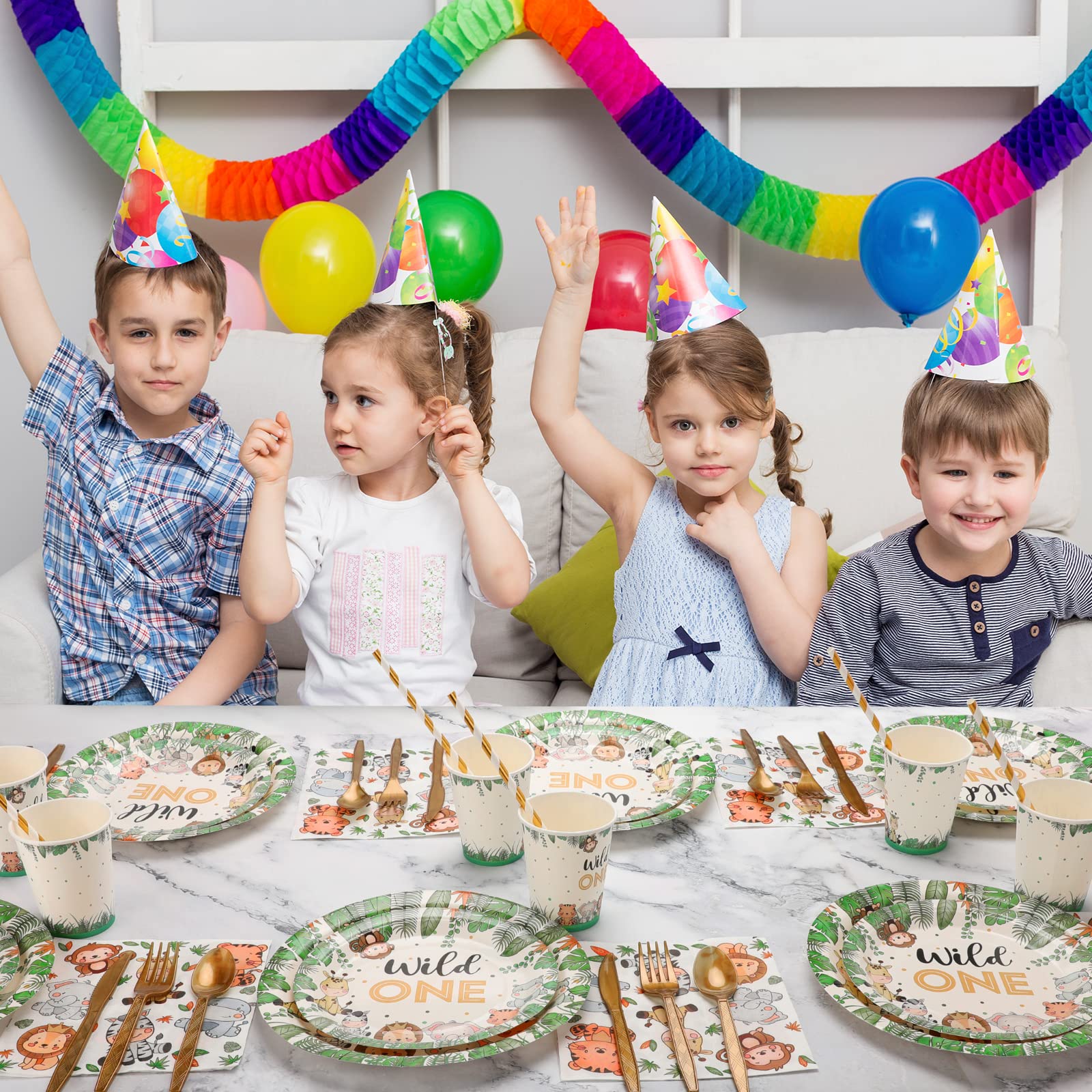 240-Piece Wild One 1st Birthday Party Decorations Set - Jungle Theme Tableware for 30 Guests Including Plates, Cups, Napkins & Straws (30-Pack) - Perfect for Baby's First Birthday, Safari Themed Parties & Animal Print Celebrations