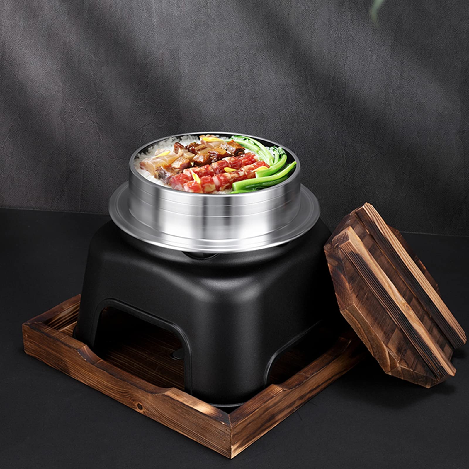 AIZYR Portable Alcohol Stove Shabu Hot Pot Set with Wooden Lid & Pot Holder - Compact Camping Cookware for Hiking, Picnic & Outdoor Adventures