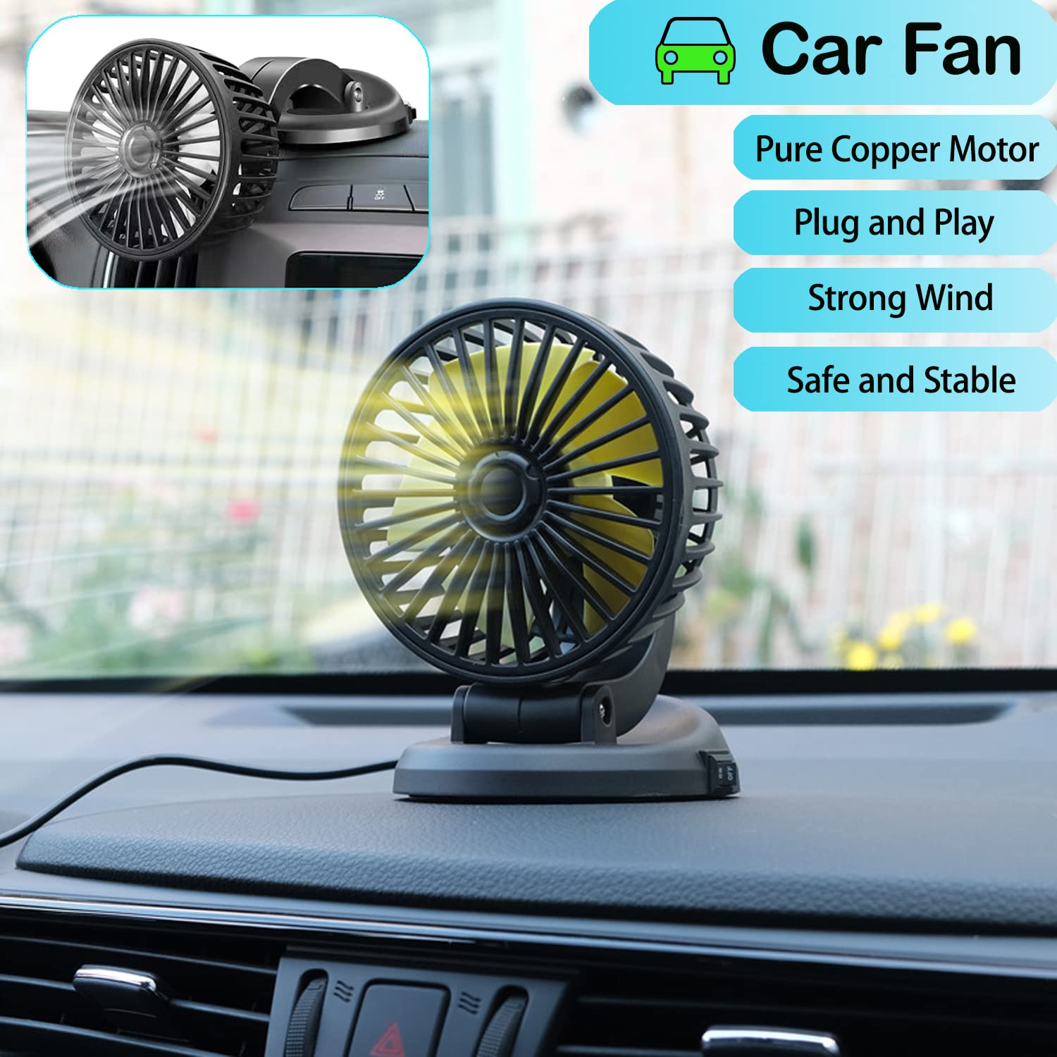 360° Rotatable USB Car Fan - Powerful Cooling Fan for Cars, SUVs, Trucks, Boats & Golf Carts | Portable Air Circulator for Home & Office Use | USB-Powered (5V) F409-5V