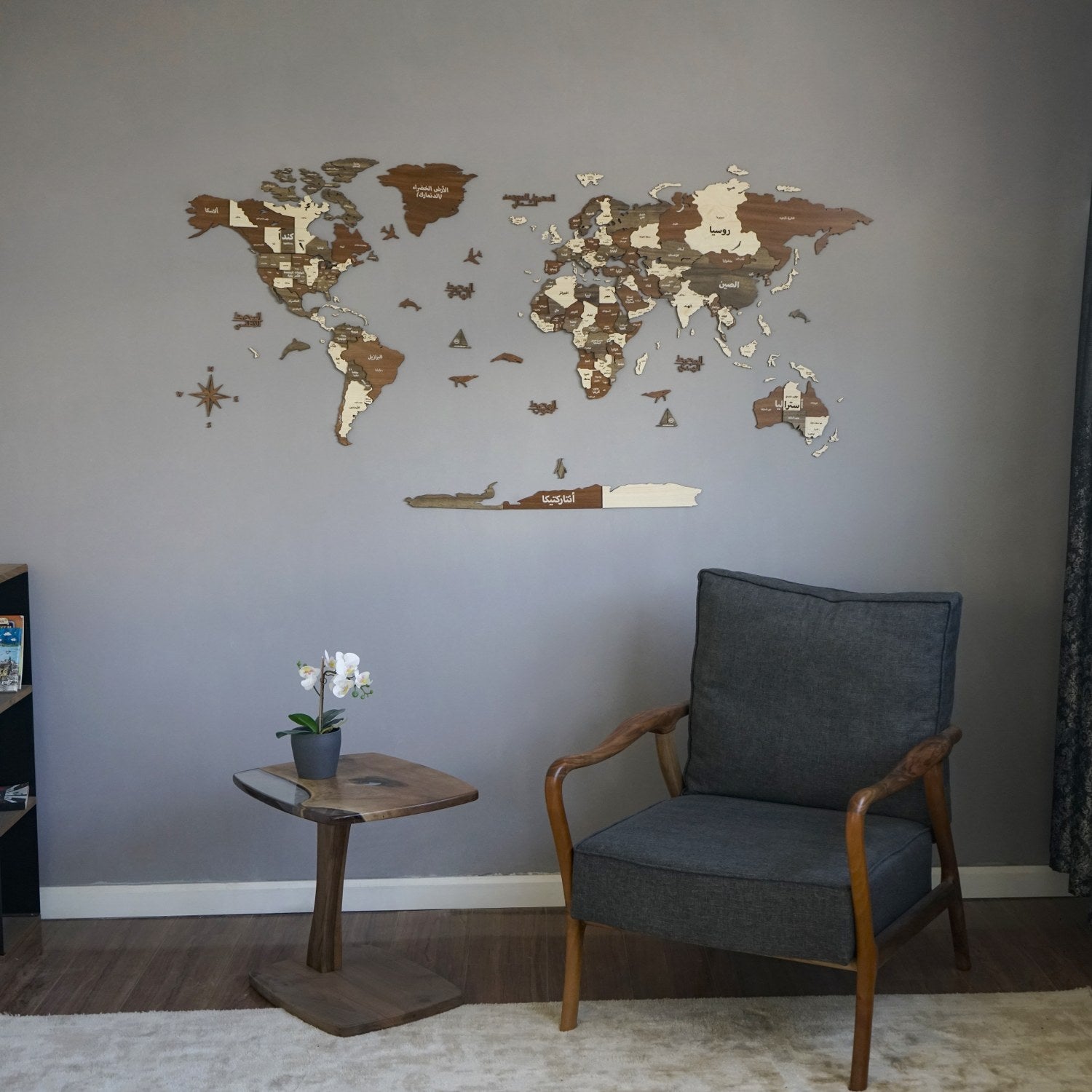 3D Wooden World Map in Arabic - Handcrafted Wall Art Decor for Home & Office - Perfect for Living Room, Bedroom, or Gift Giving