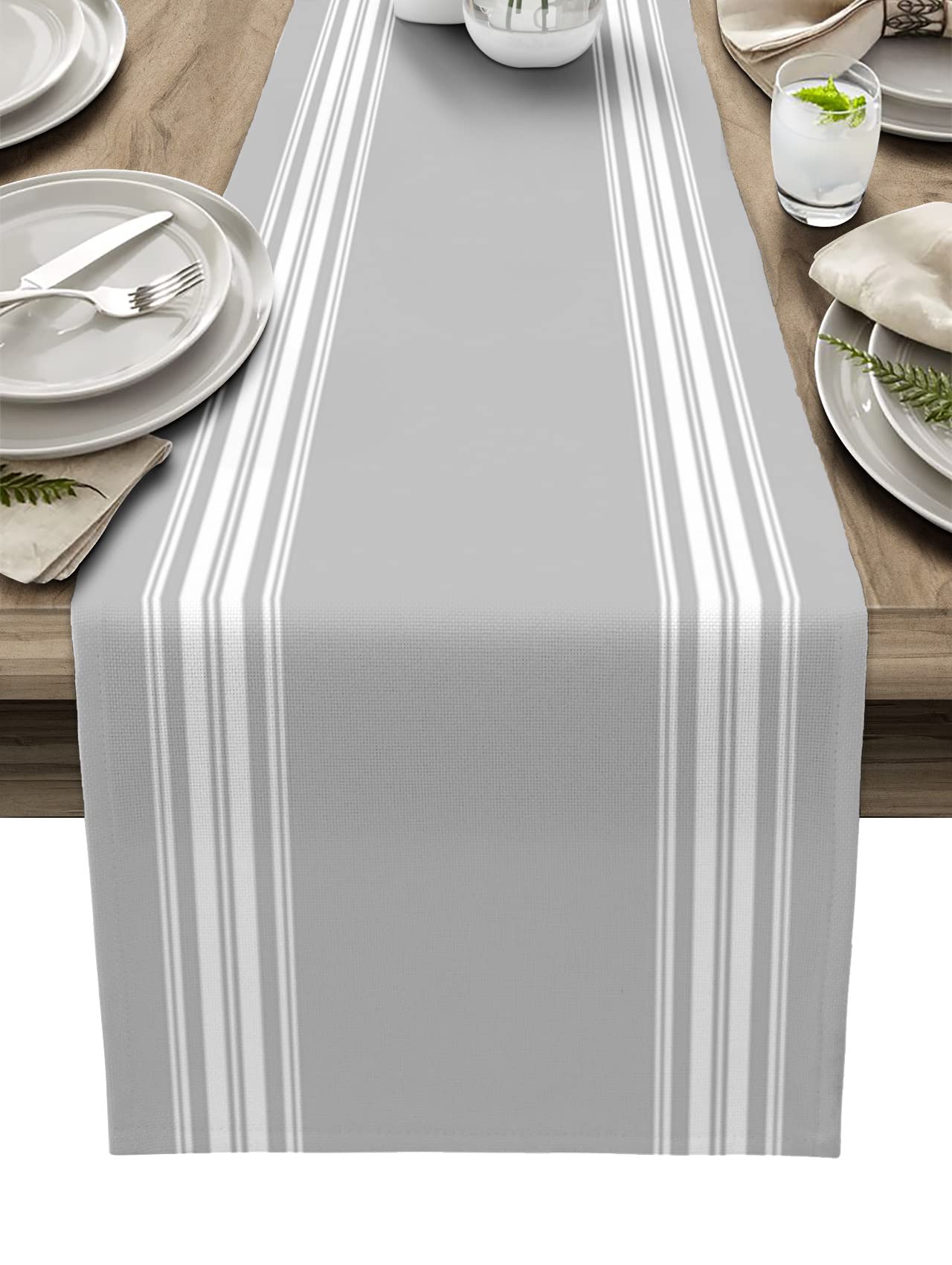 Farmhouse Gray and White Striped Burlap Table Runner - 13x60 Inch Rustic Kitchen Dining Table Scarf for Indoor/Outdoor Decor, Wedding, Party, and Home Decoration