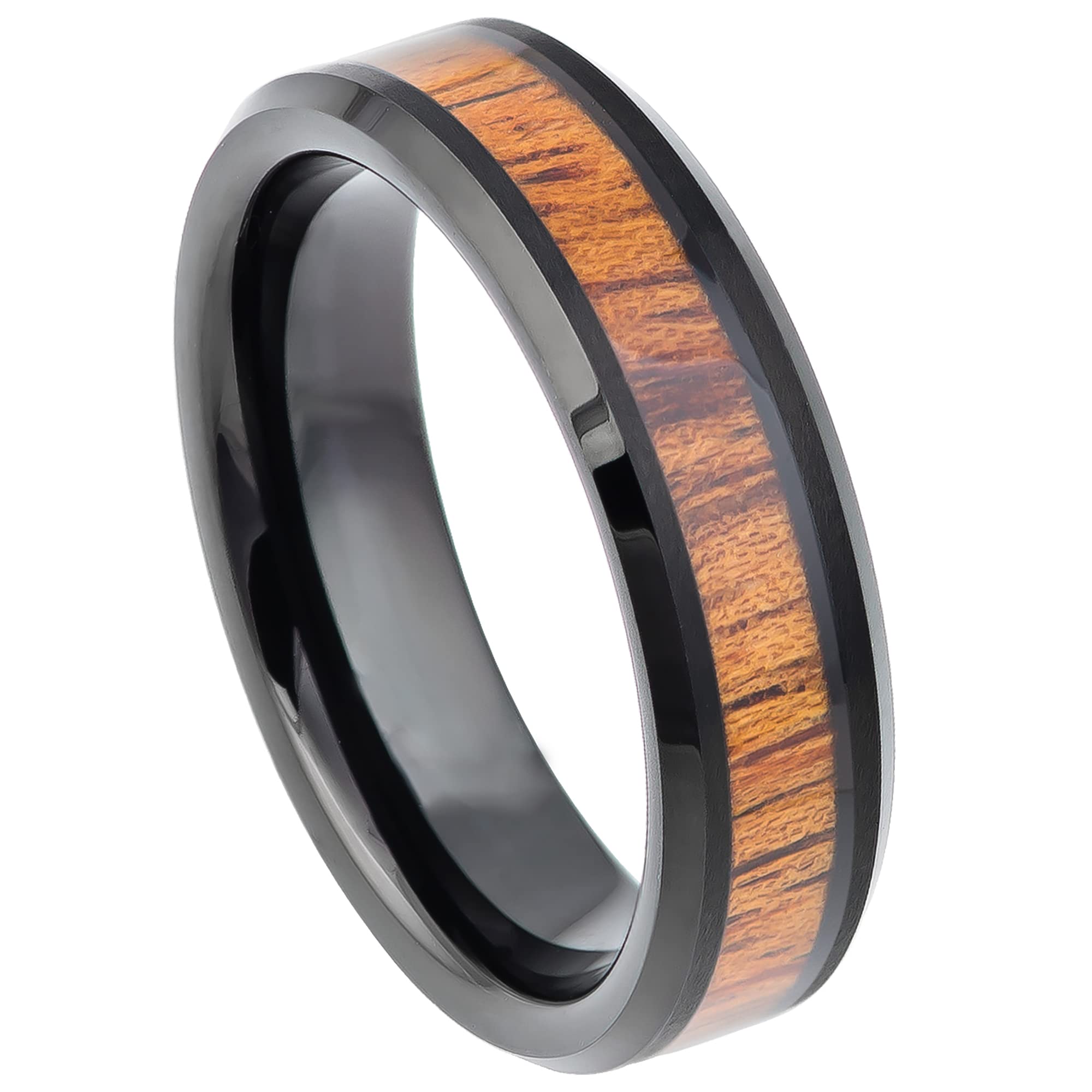 Premium Black Ion-Plated Tungsten Carbide Wedding Band with Hawaiian Koa Wood Inlay - 6mm Comfort Fit Ring for Men & Women - Perfect for Anniversaries, Engagements & Everyday Wear
