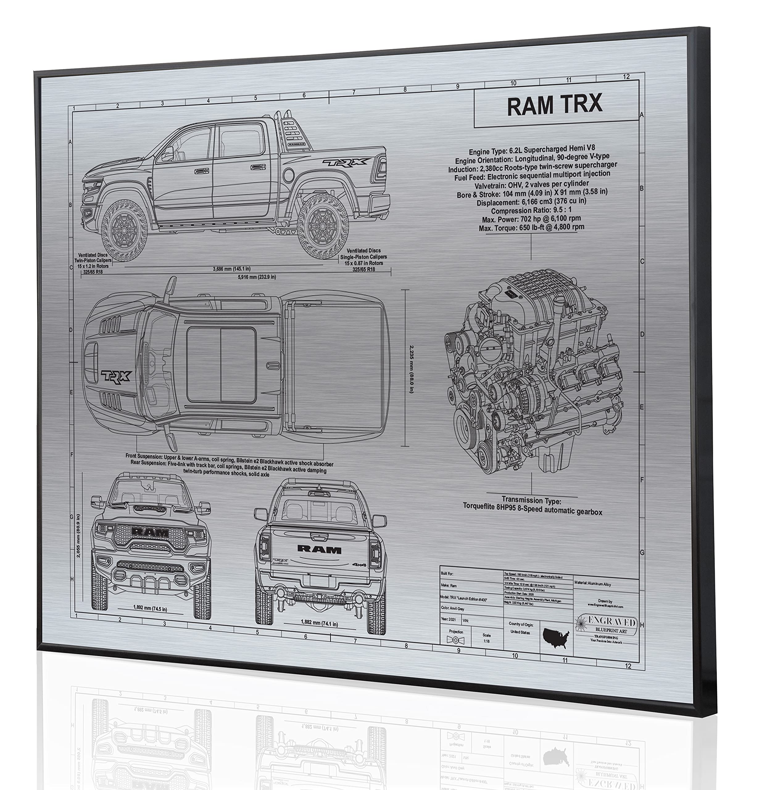 Custom Dodge Ram TRX Blueprint Artwork - Laser Engraved & Personalized Gift for Dodge Lovers - Perfect for Home, Office Decor & Car Enthusiast Gifts