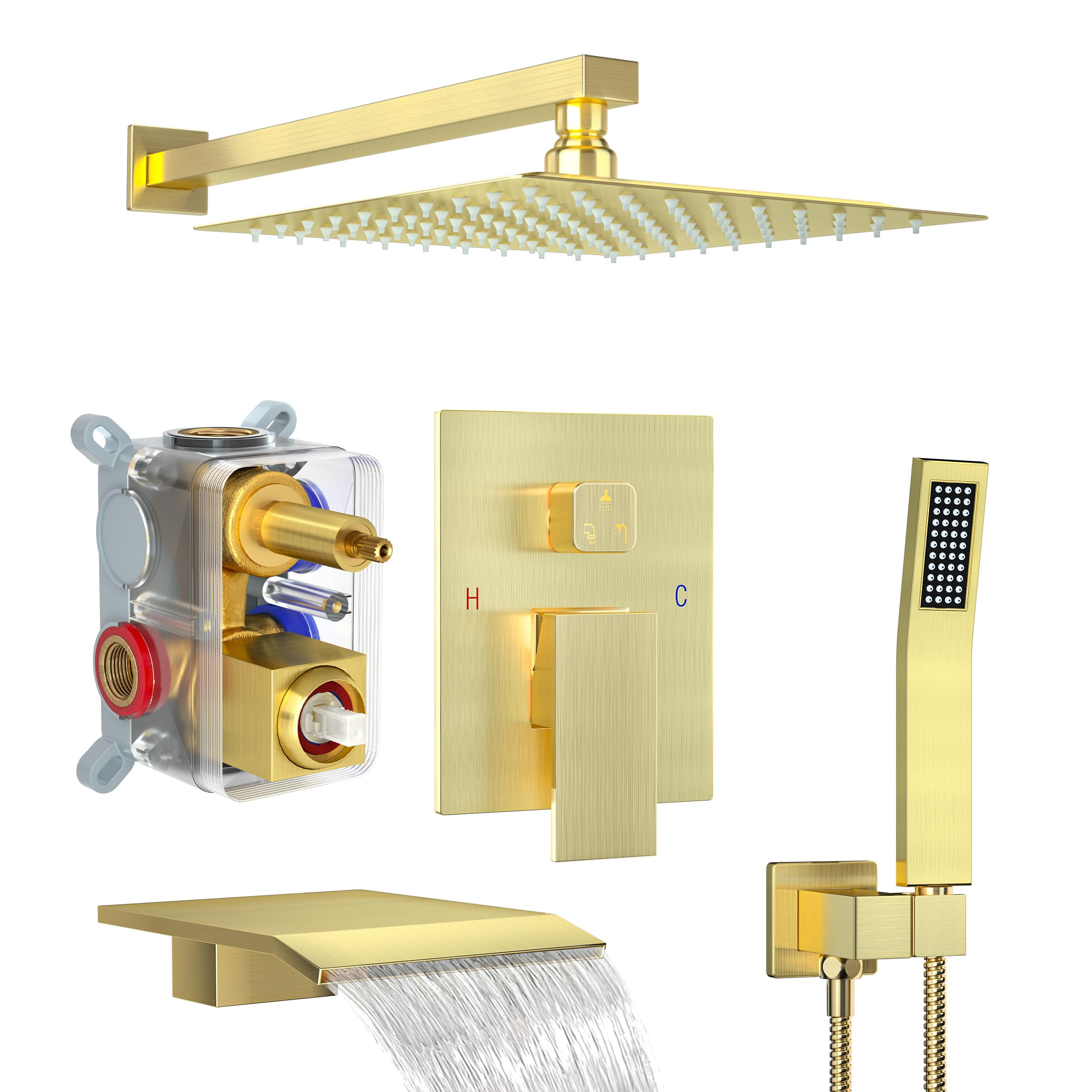 Brushed Gold Shower System with Tub Spout - 10 Inch Rain Shower Head & Handheld Shower Combo - Wall Mounted Bathroom Faucet Set for Luxurious Spa Experience at Home
