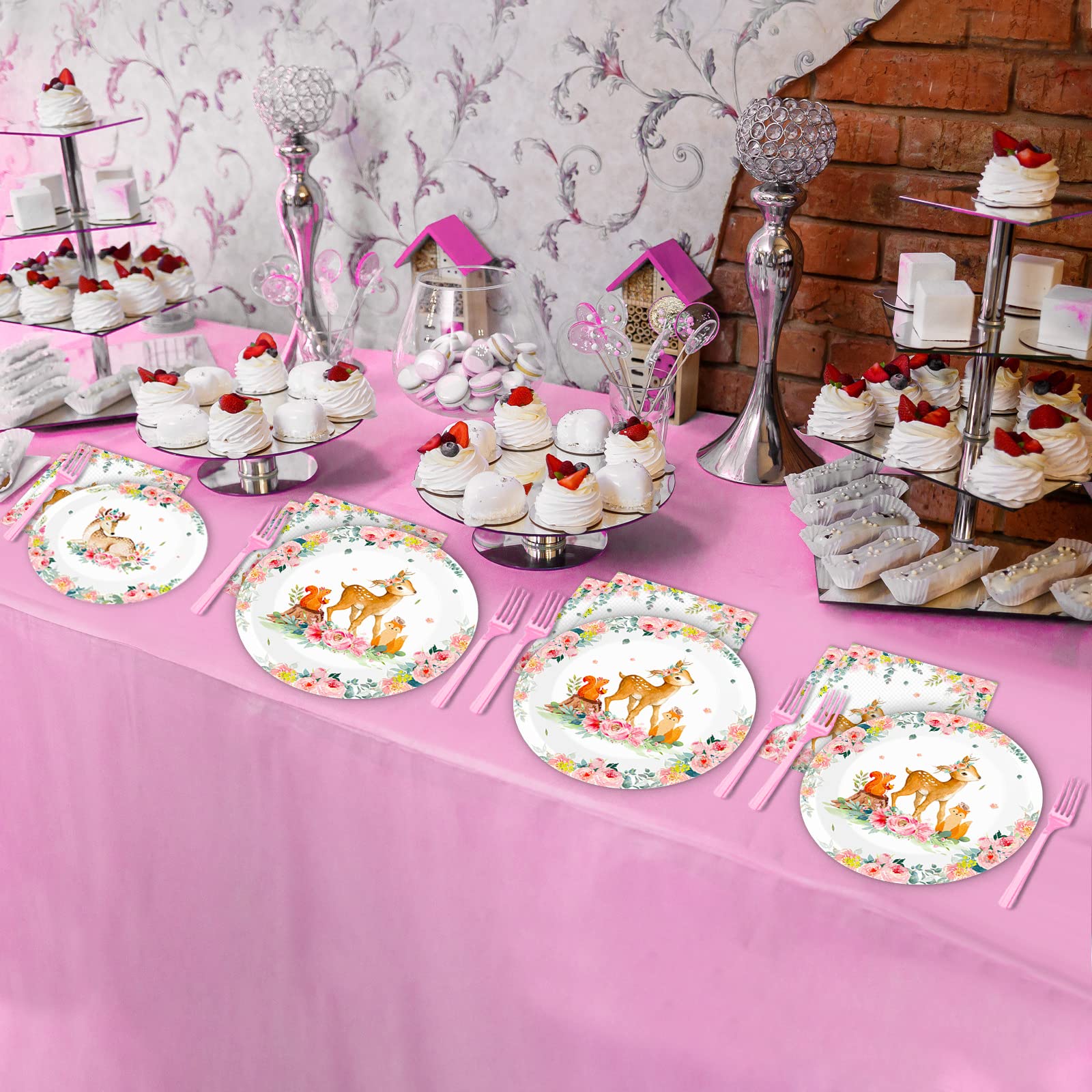 96PCS Pink Woodland Baby Shower Tableware Set - Disposable Plates, Napkins & Forks for Girls Safari Party - Forest Animal Deer Flower Theme Dinnerware for 24 Guests - Perfect for Baby Showers, Birthday Parties & Gender Reveals