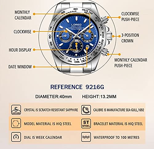 LOREO Men's Automatic Watch - Stainless Steel, Sapphire Glass, Ceramic Bezel, Date Display - Waterproof Military Dive Watch for Swimming, Snorkeling & Outdoor Adventures
