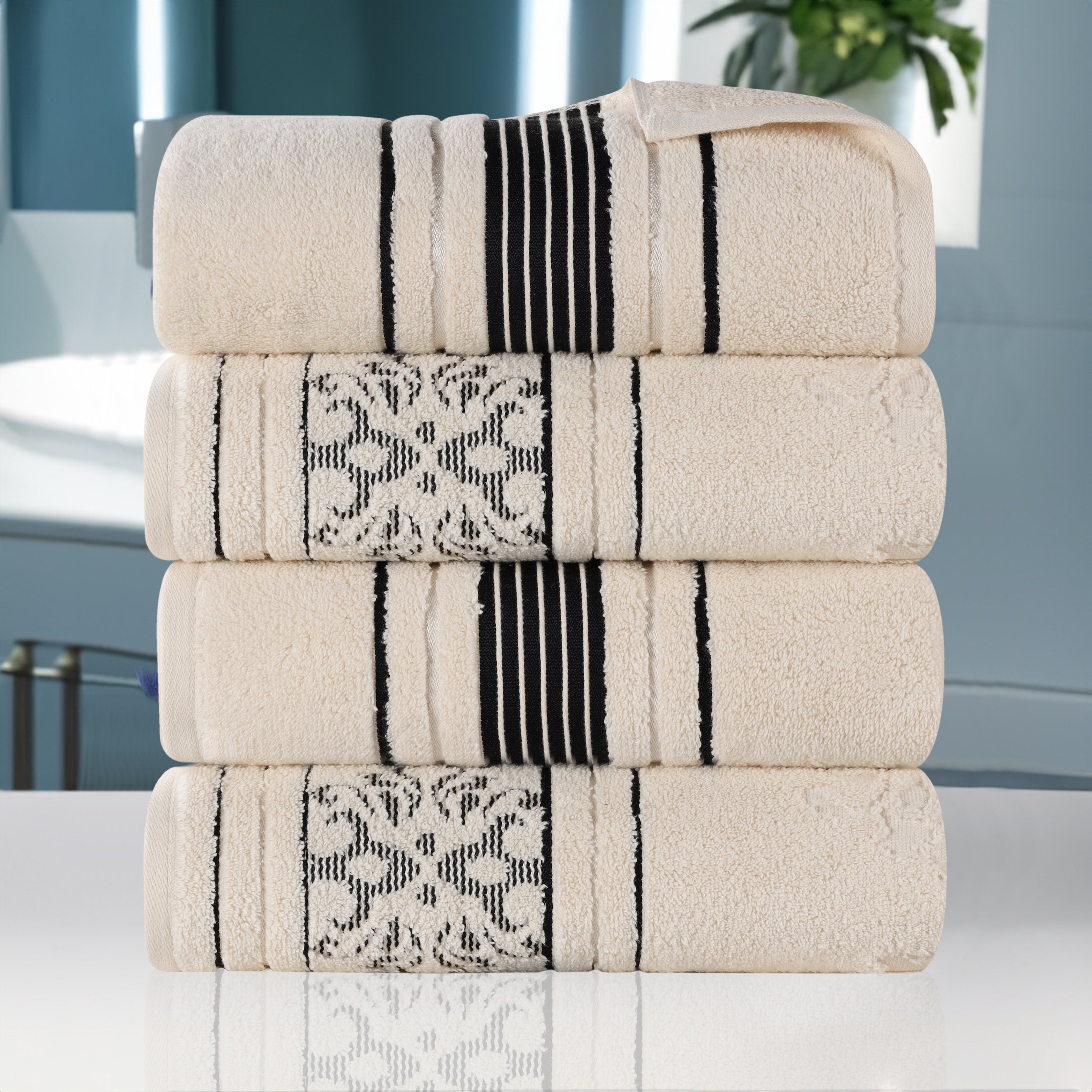 Premium 100% Zero Twist Cotton Bath Towel Set of 4 - Ultra Soft & Absorbent Solid & Jacquard Floral Design - Perfect for Spa, Bathroom, Beach & Guest Use
