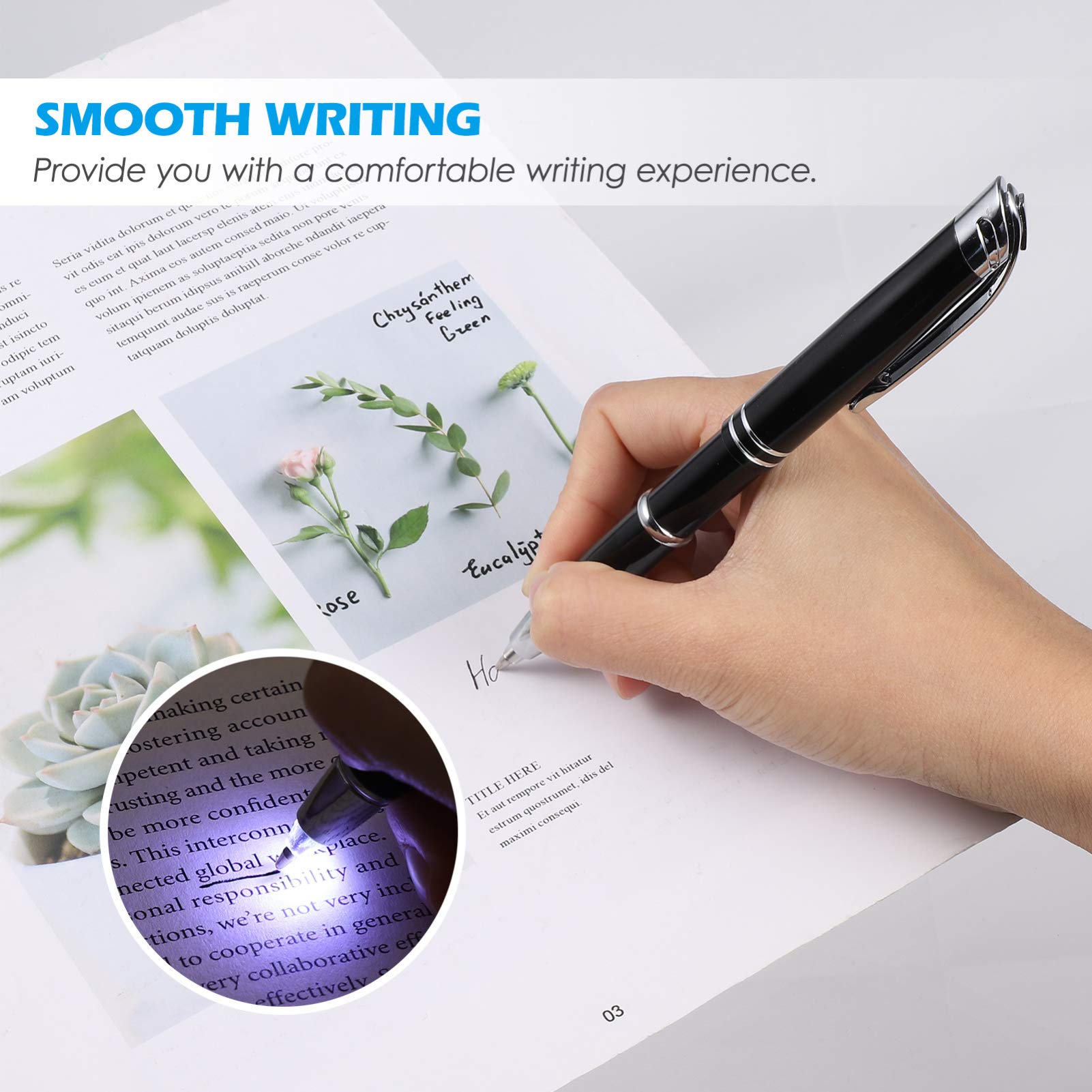 LED Pen Light Flashlight - 2 Pack Lighted Tip Ballpoint Pens for Writing in The Dark, Creative LED Writing Pens with Bright Light - Perfect for Nighttime Note Taking, Emergency Use & Low Light Conditions (Black)