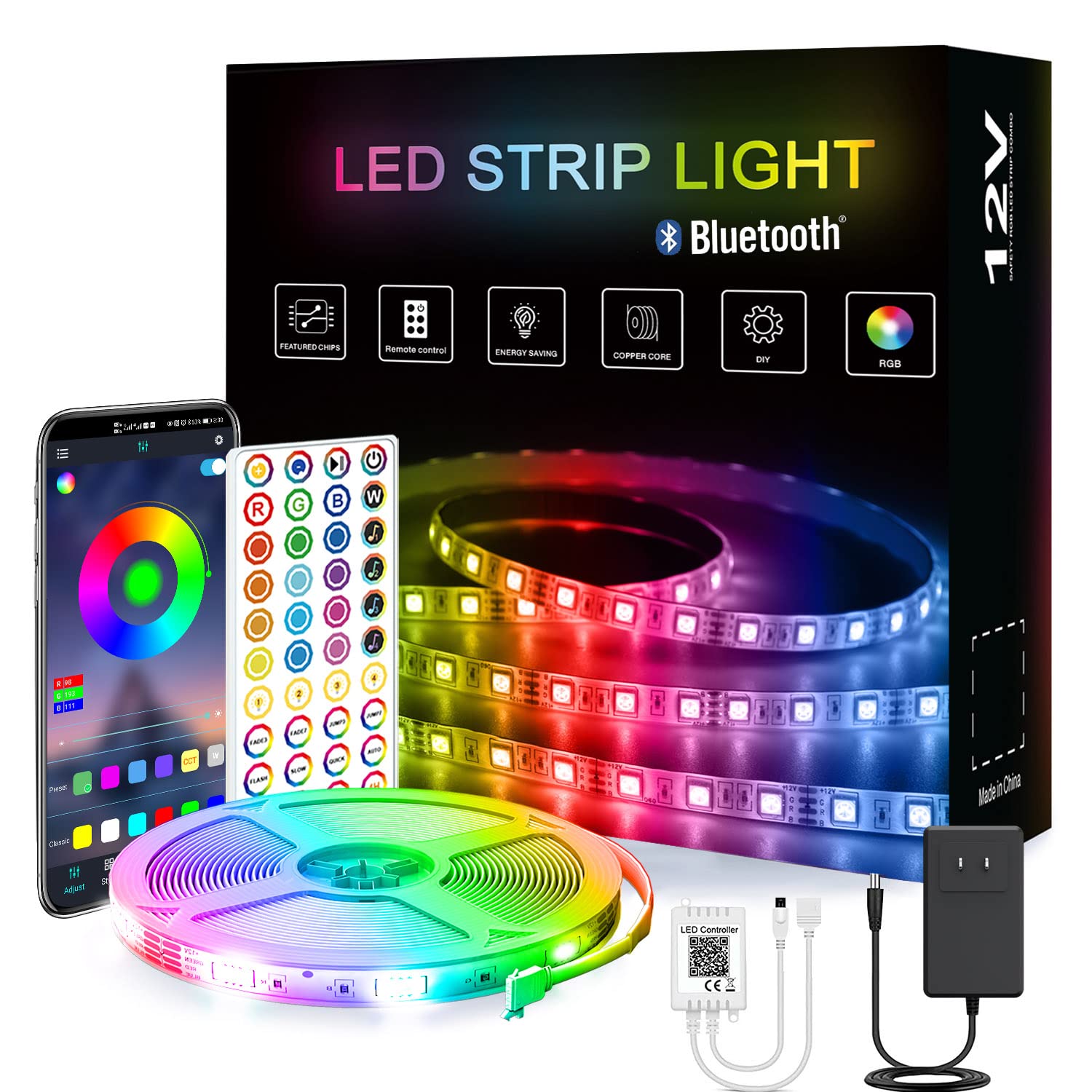 32.6ft Smart LED Strip Lights - Bluetooth RGB Music Sync for Bedroom, Party & Home Decor