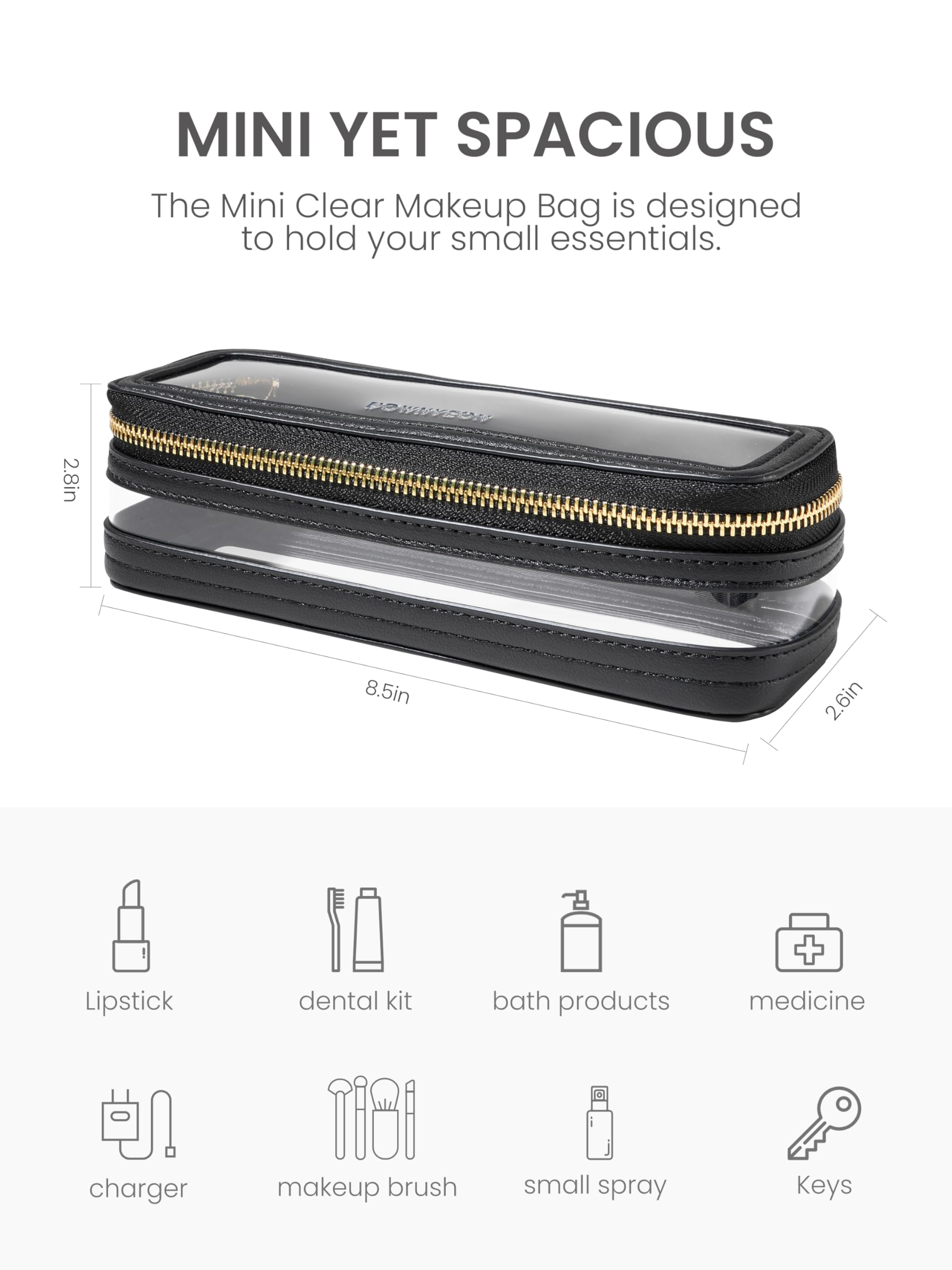 ROWNYEON Small Waterproof Toiletry Bag - Clear Travel Makeup Organizer for Women, Transparent Cosmetic Case with Zipper, Portable Train Case for Toiletries & Cosmetics (Black) - Perfect for Travel, Gym, Camping & Daily Use