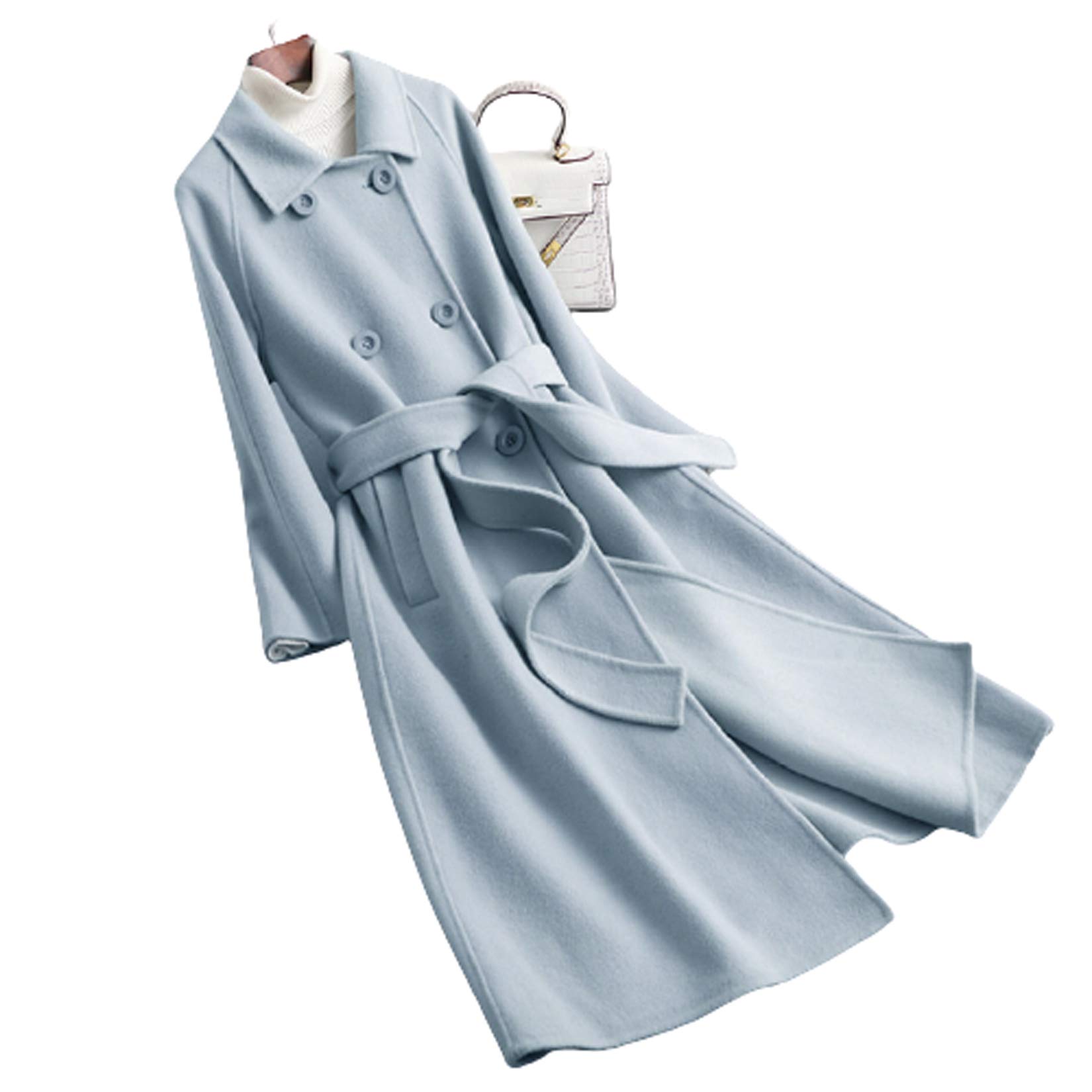 XMZFQ Women's 100% Wool Pea Coat - Classic Double Breasted Cashmere Trench Coat with Belt | Warm Winter & Autumn Wool Overcoat | Light Blue | Perfect for Office, Dating & Formal Occasions