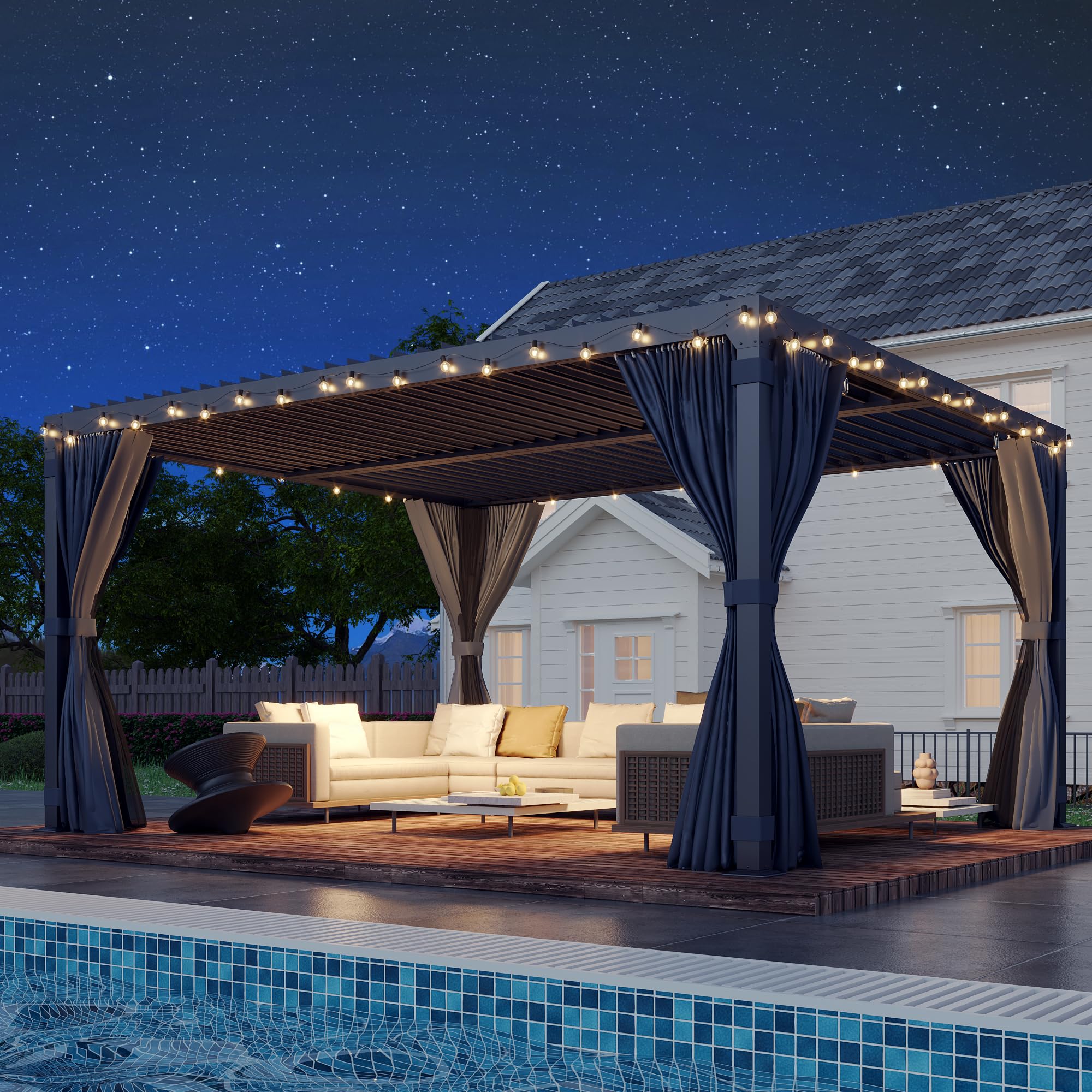 EROMMY 10x12FT Aluminum Louvered Pergola with Adjustable Rainproof Roof - Outdoor Sun Shade Shelter for Garden, Patio & Backyard (Includes Curtains & Netting) - Perfect for Entertaining, Relaxing & Outdoor Dining - Gray-Black