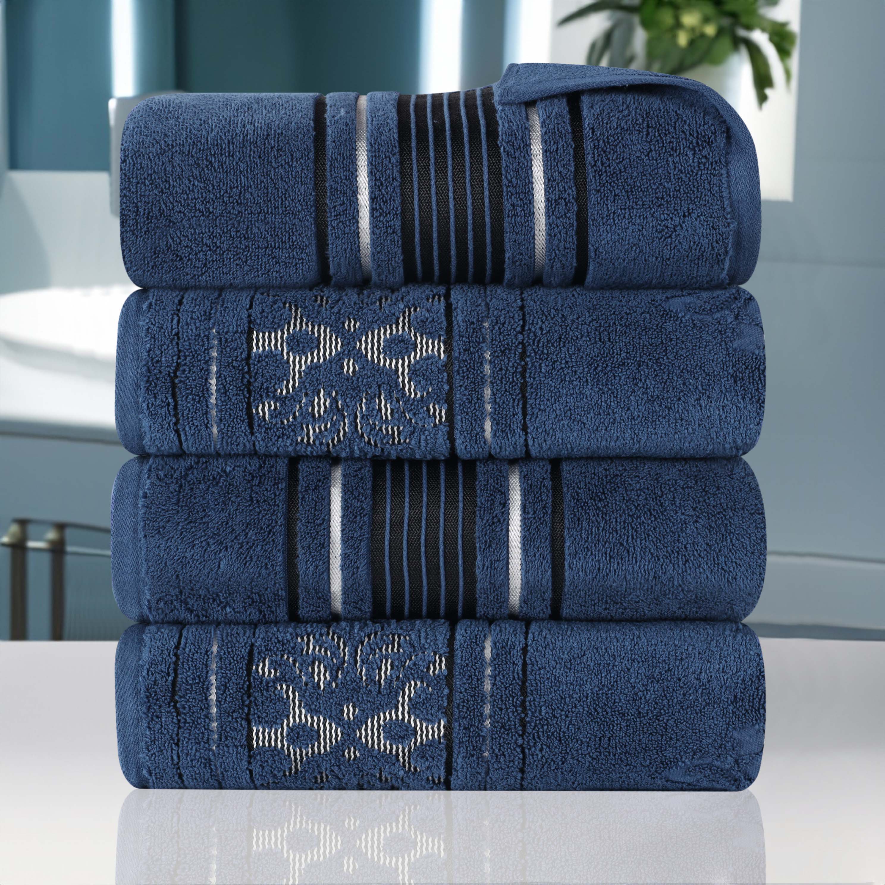 Premium 100% Zero Twist Cotton Bath Towel Set of 4 - Ultra Soft & Absorbent Solid & Jacquard Floral Design - Perfect for Spa, Bathroom, Beach & Guest Use