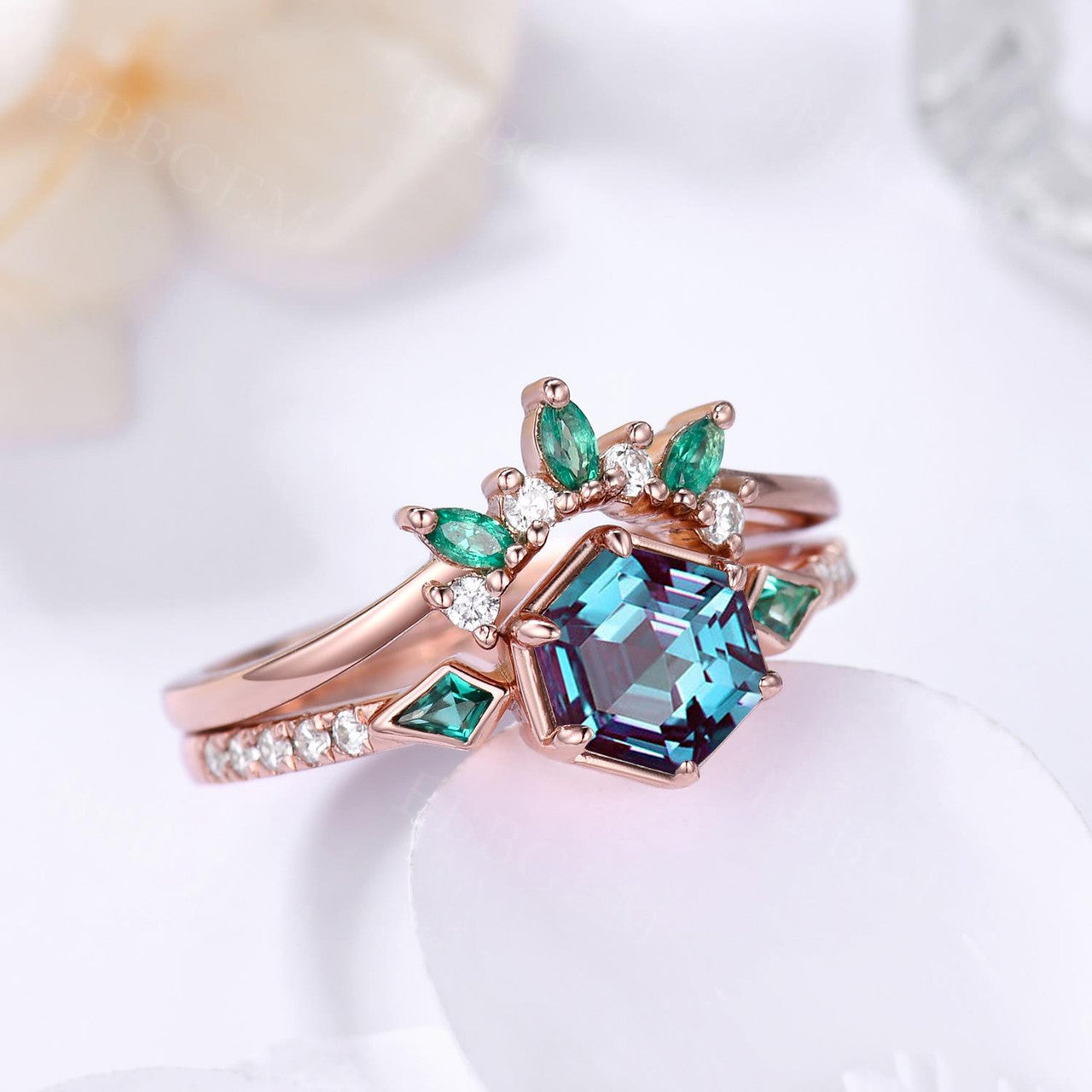 Hexagon Cut Alexandrite Bridal Ring Set with Emerald & Diamond Accents | Kite Cut Emerald Side Stones | Engagement & Wedding Jewelry for Brides