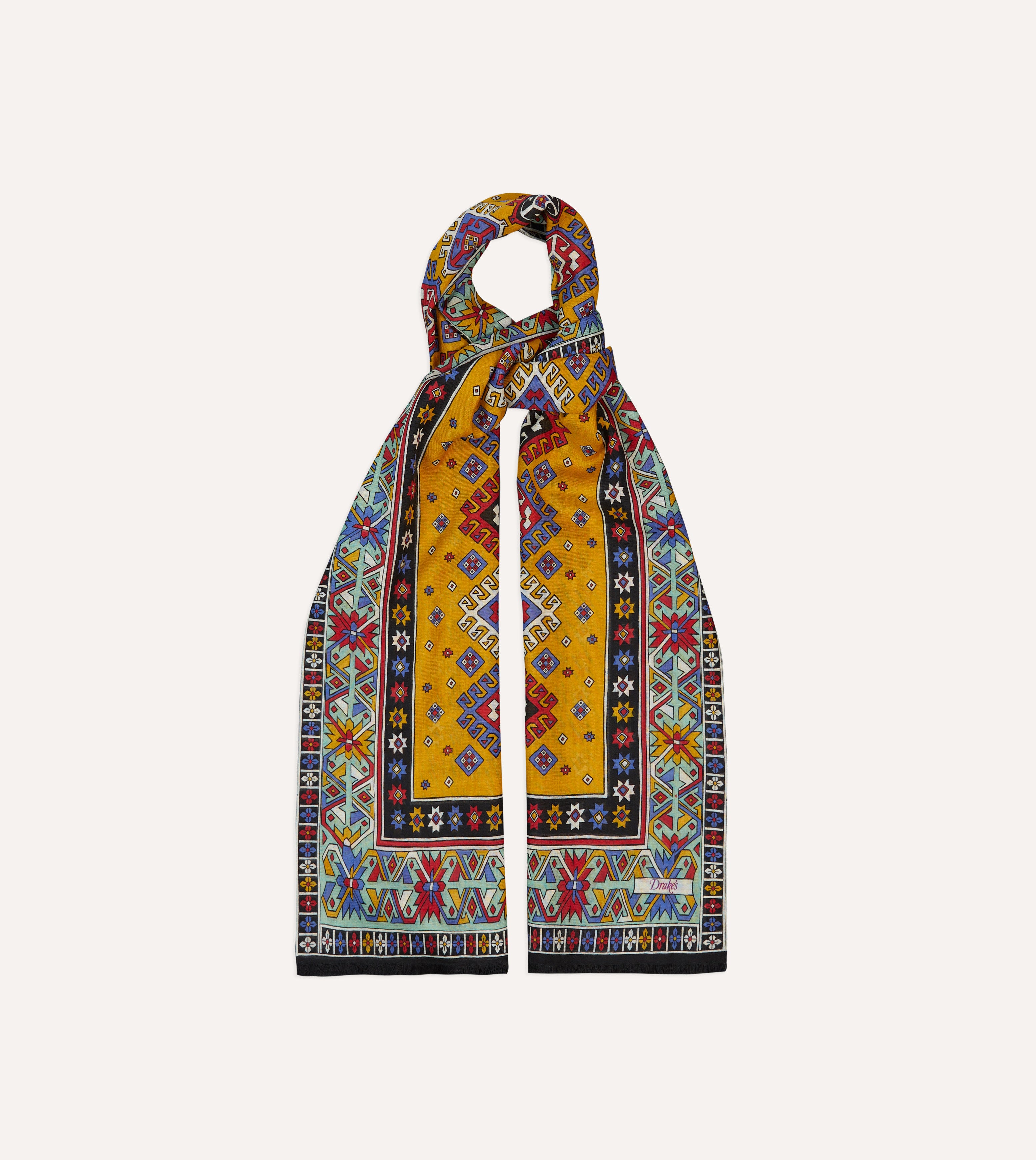 Luxury Gold & Green Kilim Print Tubular Wool Silk Scarf - Soft & Warm Winter Fashion Accessory for Women, Perfect for Office, Travel & Special Occasions