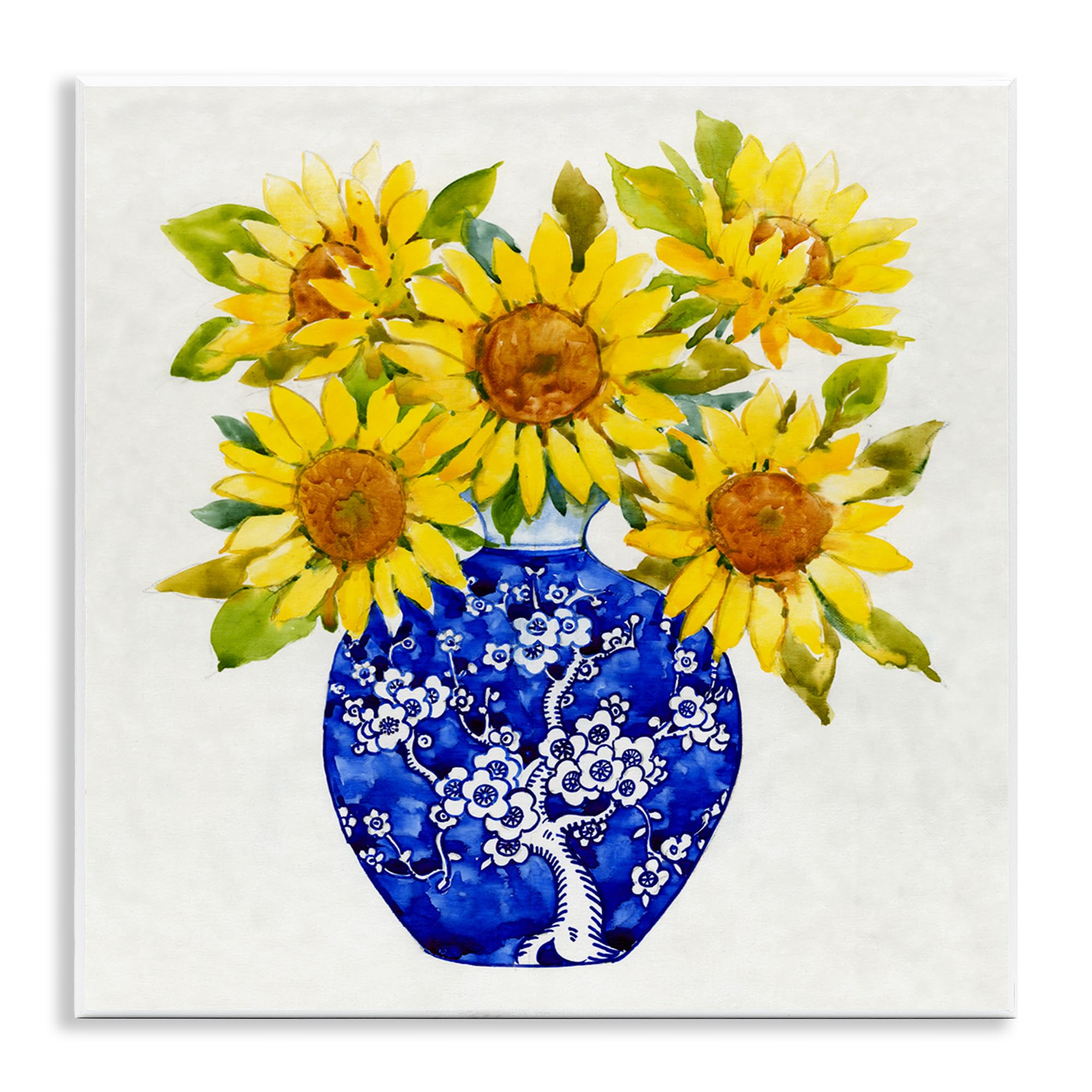 Stupell Industries Watercolor Yellow Sunflower Bouquet in Blue Vase Wall Plaque - 12x12 Floral Home Decor by Tim Otoole - Perfect for Living Room, Bedroom & Office Wall Art