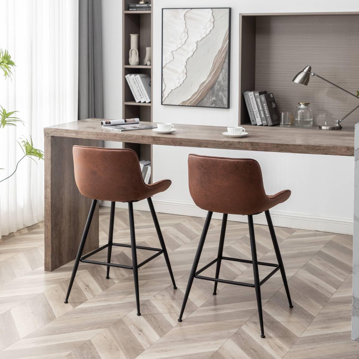 Brown Bar Stools Set of 2 - 24 Inch Fabric Upholstered Armless Bar Height Stools for Home Bar, Kitchen Island & Coffee Shop - Black & Brown Modern Barstools for Dining & Entertainment Areas