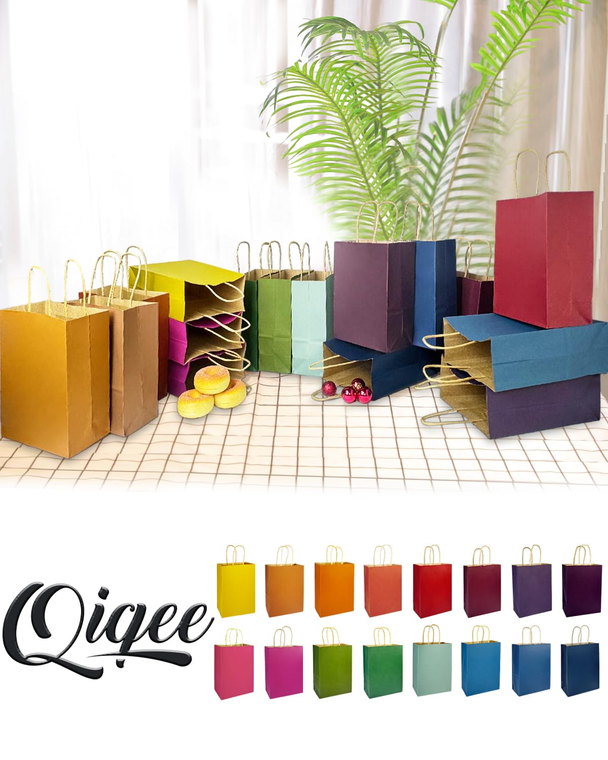 qiqee 32-Pack Small Gift Bags with Handles - 8.26×6×3.15 Inches - 16 Vibrant Colors for Party Favors, Wedding, Birthday & Retail Packaging - Eco-Friendly Kraft Paper Bags Bulk