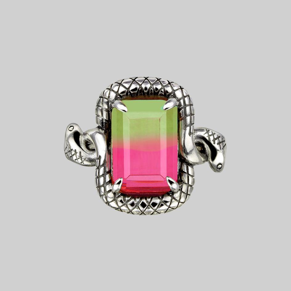 MALICE Tourmaline CZ Coiled Snake Cocktail Ring in Silver - Elegant Jewelry for Parties, Night Out & Special Occasions