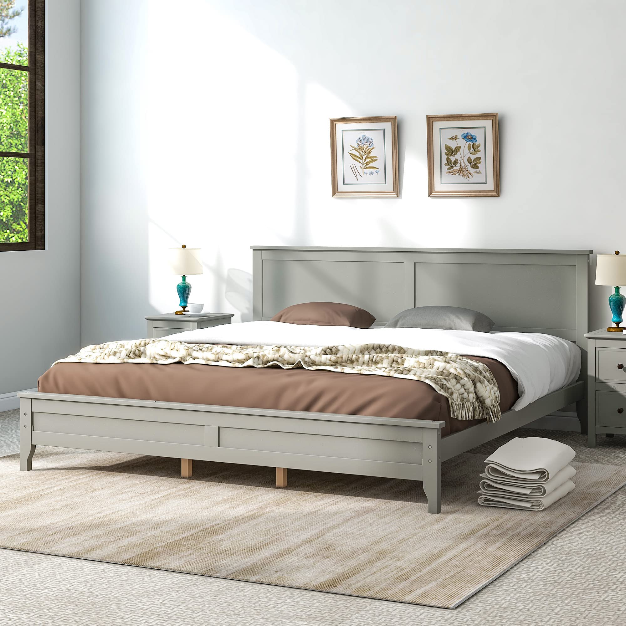 JULYFOX King Size Bed Frame with Headboard - Gray Pine Wood Platform Bed for Heavy Duty Support (800 lbs) - No Box Spring Needed - Perfect for Master Bedrooms