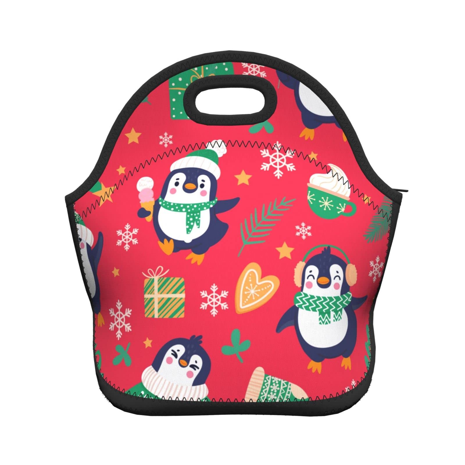 Insulated Lunch Bag with Cute Penguins in Winter Clothing - Christmas Arctic Animals Tote Lunch Box for Men & Women - Perfect for Office, School & Picnics