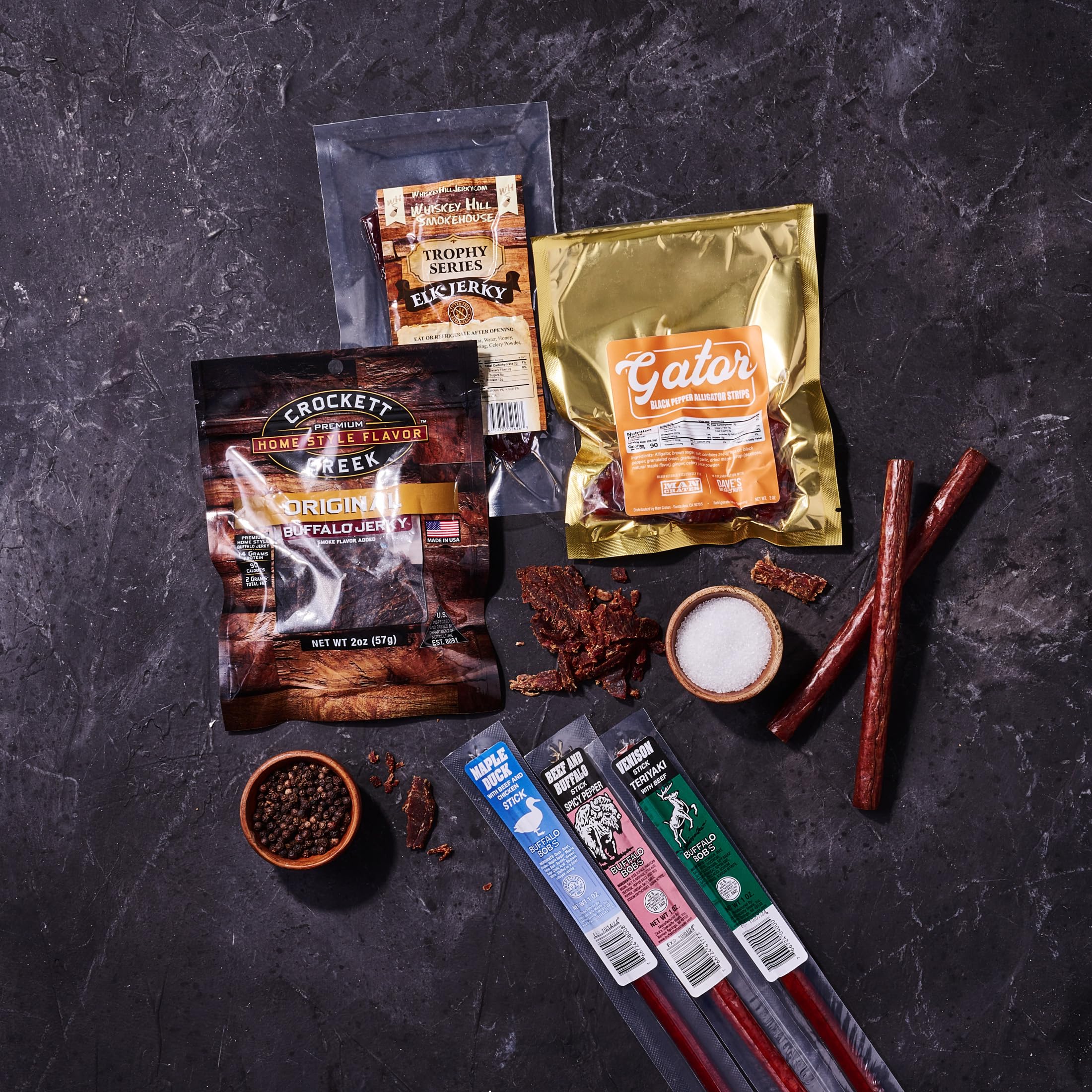 Exotic Meats Gift Crate – 6 Premium Jerky Flavors (Venison, Alligator, Elk) & Nut Snacks – Handcrafted Wooden Box with Laser-Etched Crowbar – Perfect for Adventurous Foodies, Unique Gifts & Outdoor Enthusiasts