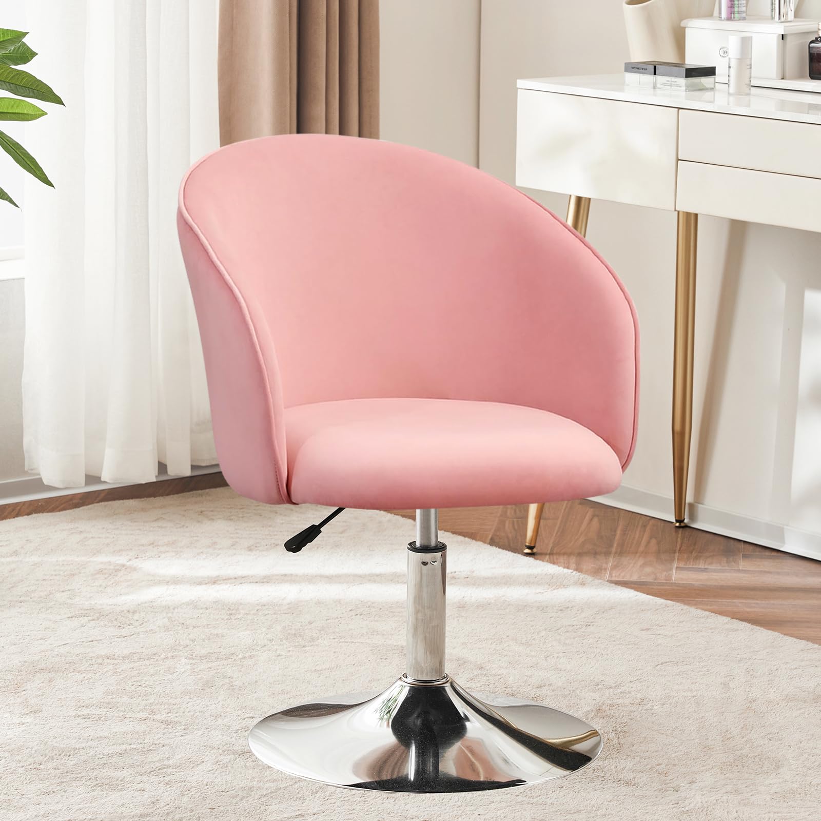 Furnimart Velvet Vanity Chair - Adjustable Height Makeup Stool with Chrome Frame, Round Swivel Accent Chair for Bedroom, Living Room & Office (Pink) - Perfect for Dressing Tables, Beauty Salons and Home Decor