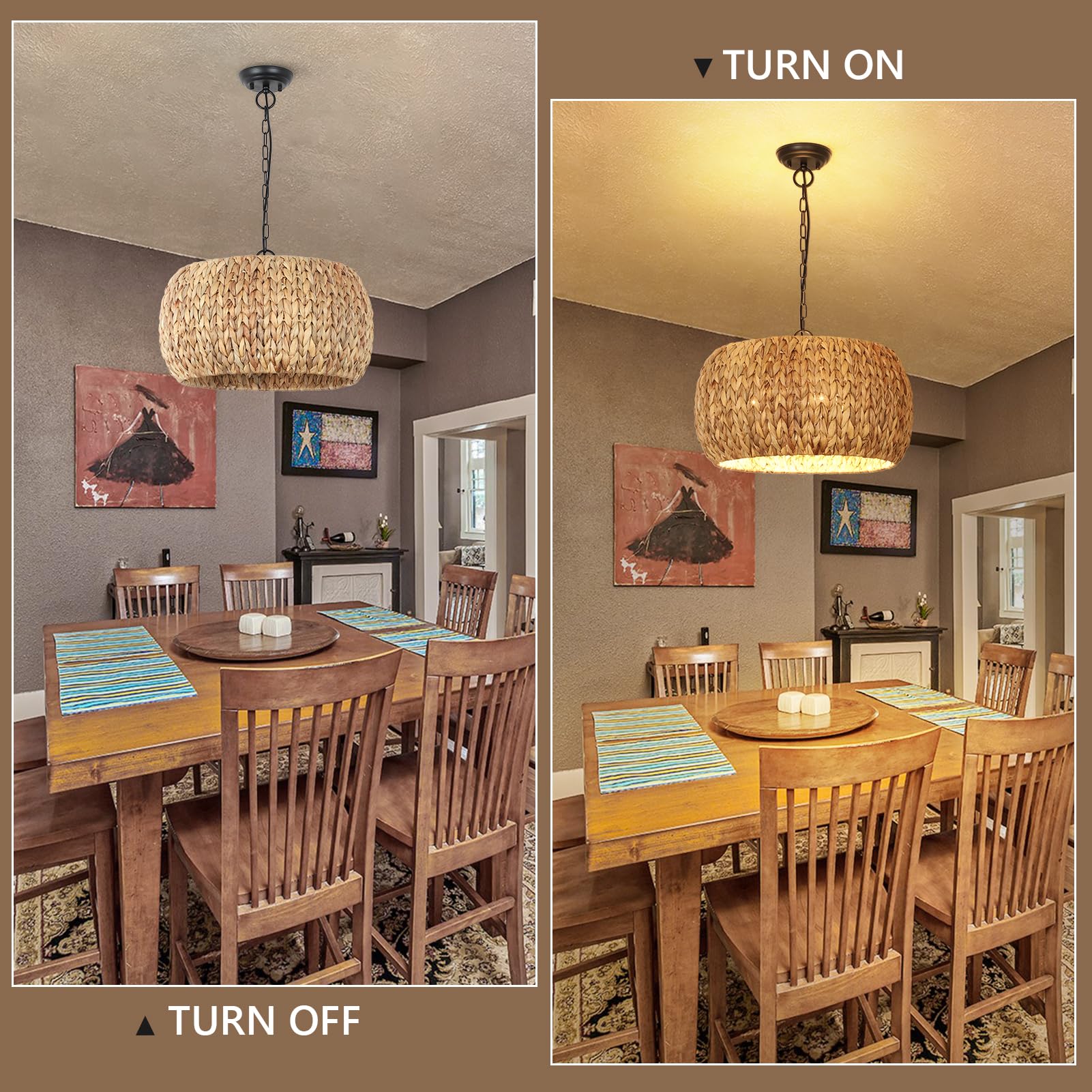 Rustic Farmhouse Boho Chandelier - 5-Light Rattan Pendant Light with Natural Water Hyacinth Lampshade - Perfect for Dining Room, Kitchen Island Lighting, Bedroom & Living Room Decor - Creates Cozy Boho Ambiance for Home & Cafe