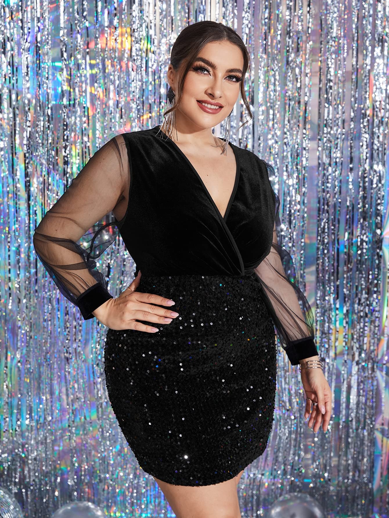 Plus Size Summer Dresses for Women - Black Velvet Bodycon Dress with Sequin Insert & Contrast Mesh Overlay Collar (Size 2XL) | Perfect for Evening Parties, Date Nights & Special Occasions