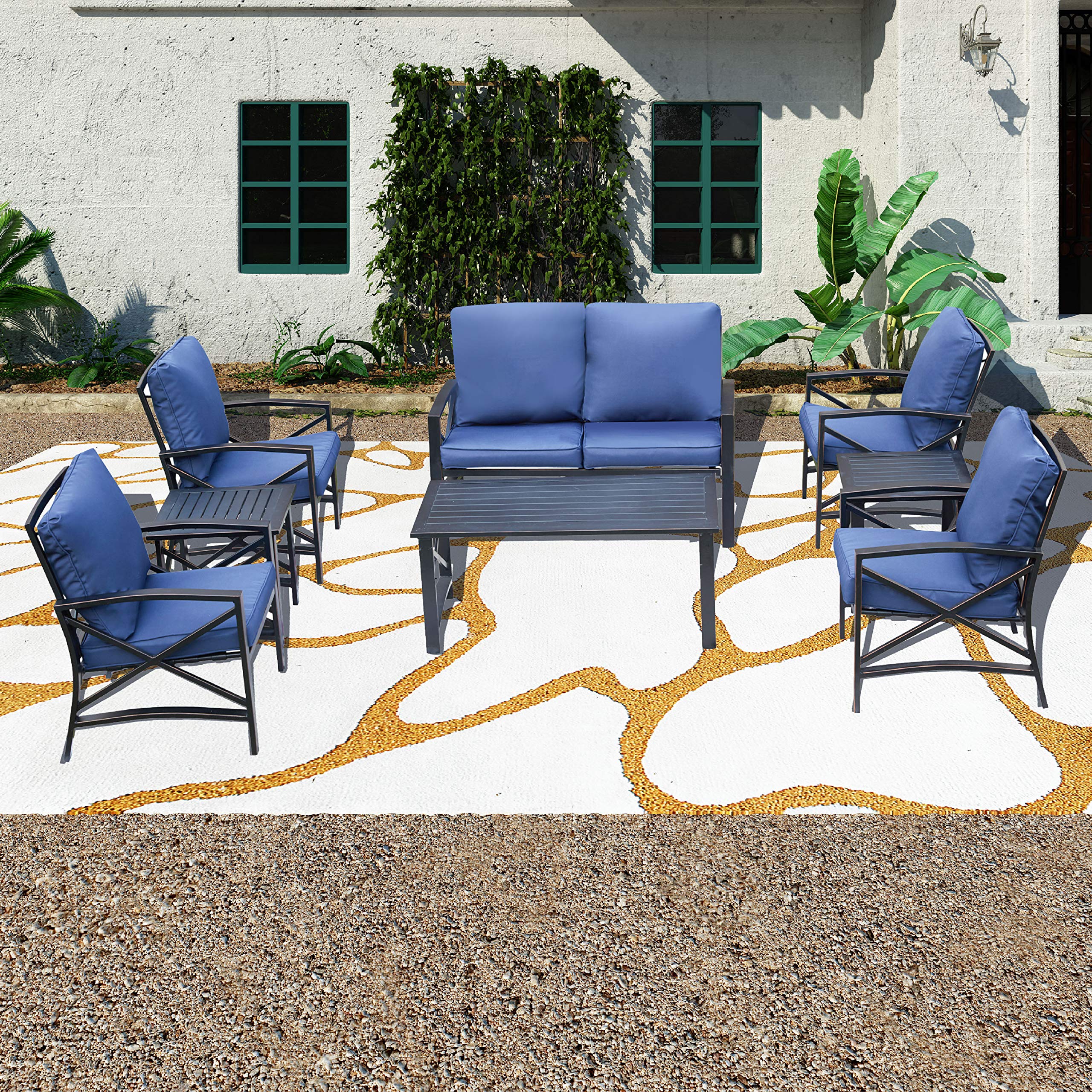 Modern Outdoor Patio Furniture Set - 8-Piece Blue Metal Sectional Sofa with Loveseat, Cushioned Chairs, Coffee Table & Side Tables | Durable Weather-Resistant Conversation Set for Garden, Backyard, Poolside & Patio Relaxation